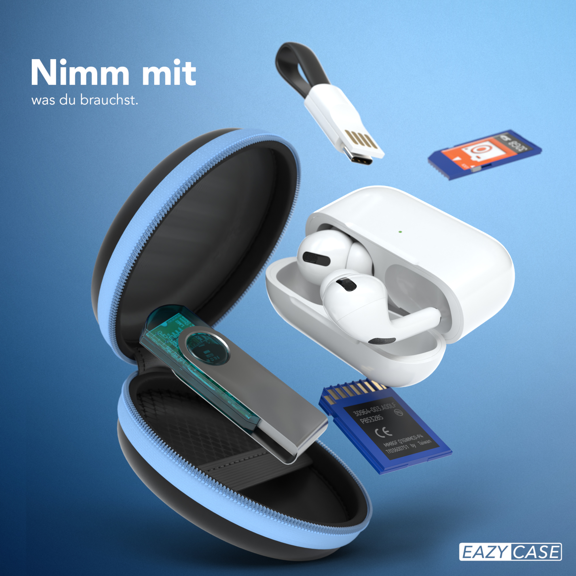 Eine blaue Hülle mit Gegenständen: Ohrhörer, SD-Karten und ein USB-Stick.