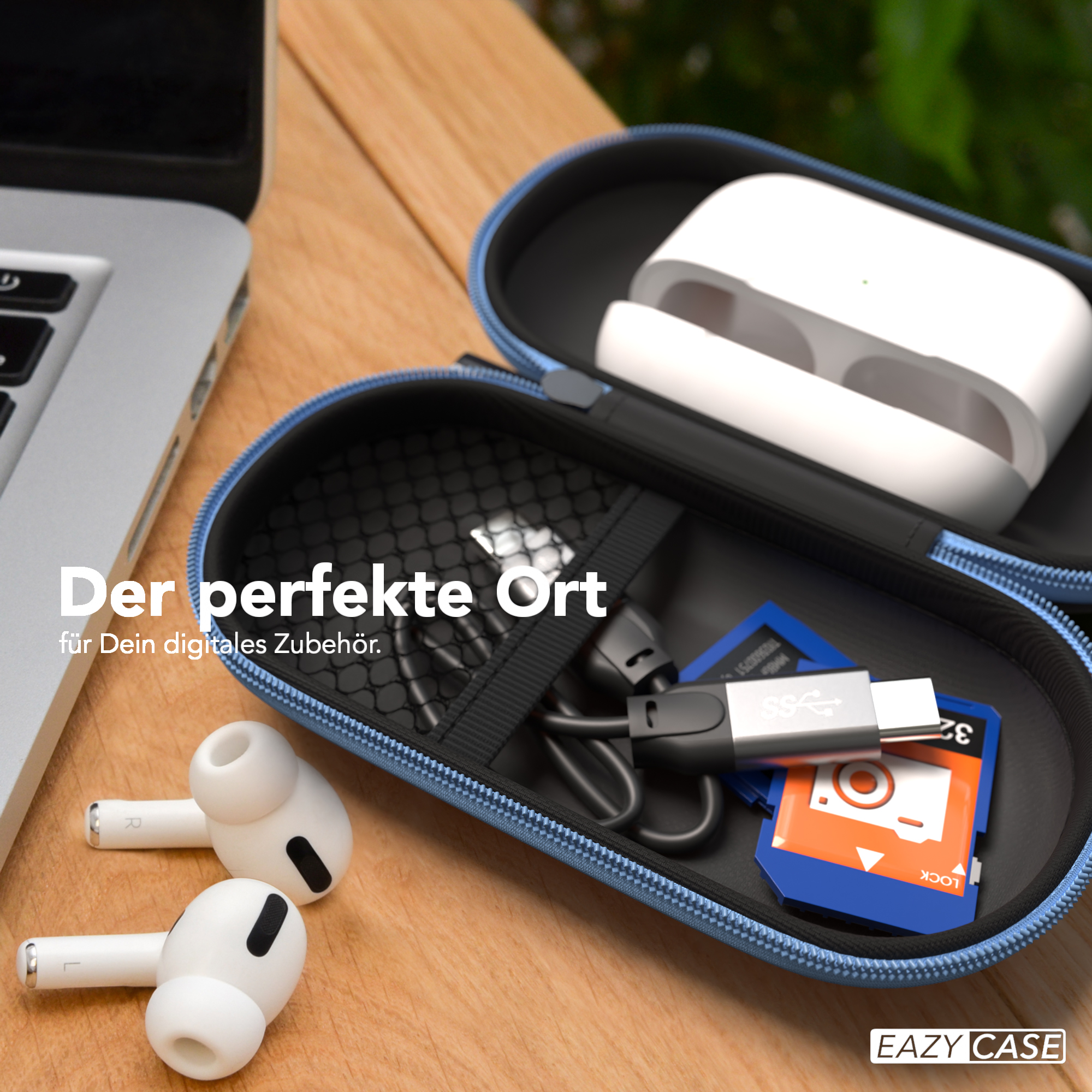 Etui mit Zubehör, Ohrhörer, Ladegerät und Speicherkarte, auf einem Holztisch.