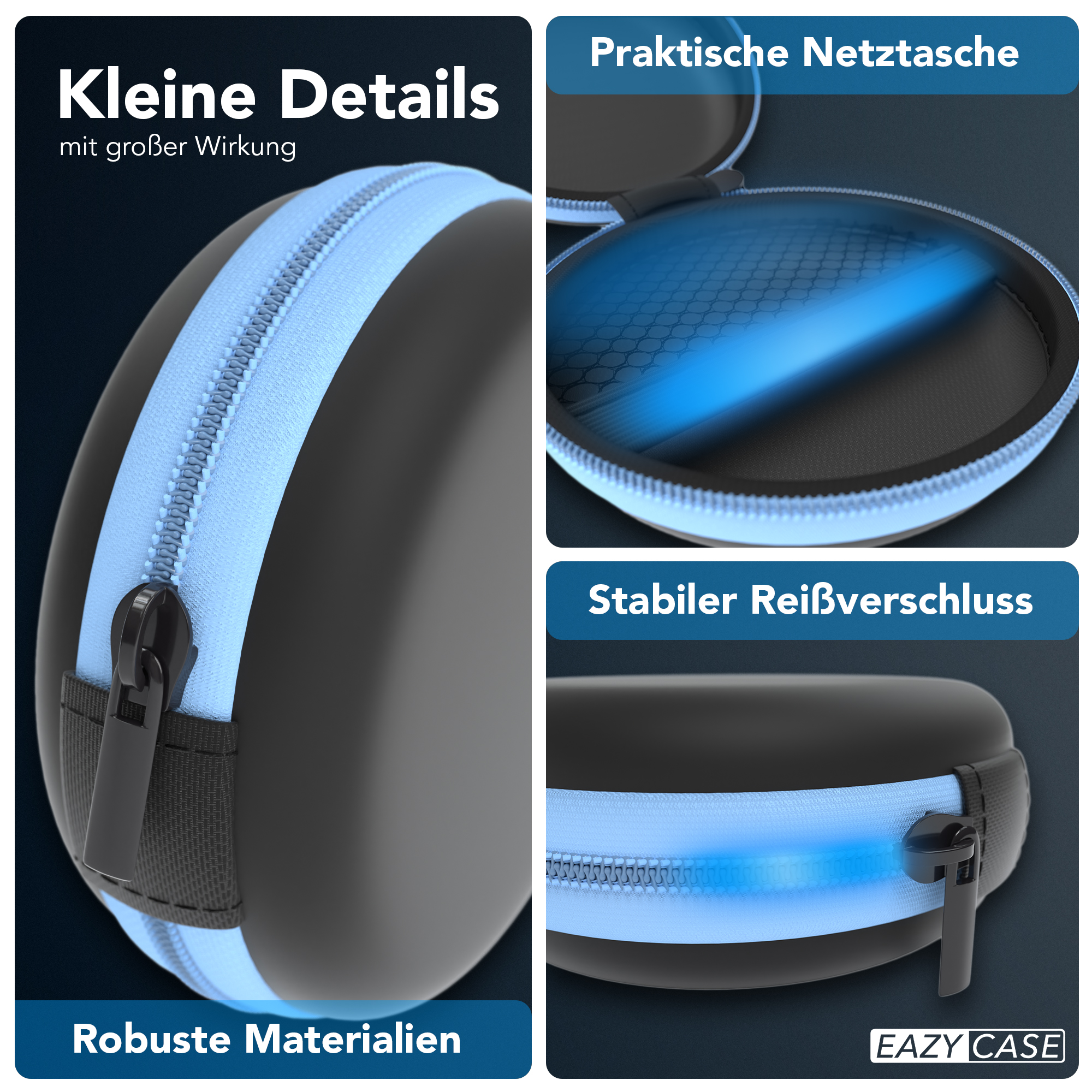 Nahaufnahme eines schwarzen Etuis mit blauem Reißverschluss und Details. Text und Bilder.