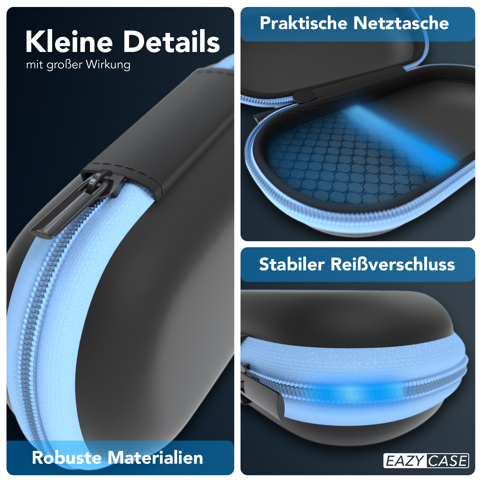 Schwarzes und blaues Etui mit Reißverschluss, Netztasche und robusten Materialien mit Detail. EAZY CASE-Logo.