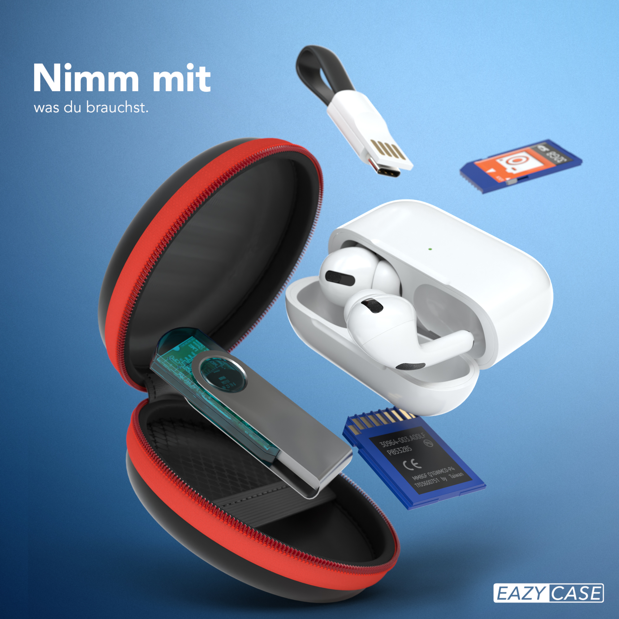 Ein offenes rot-schwarzes Etui mit Ohrhörern, USB-Stick, SD-Karte und Ladekabel.
