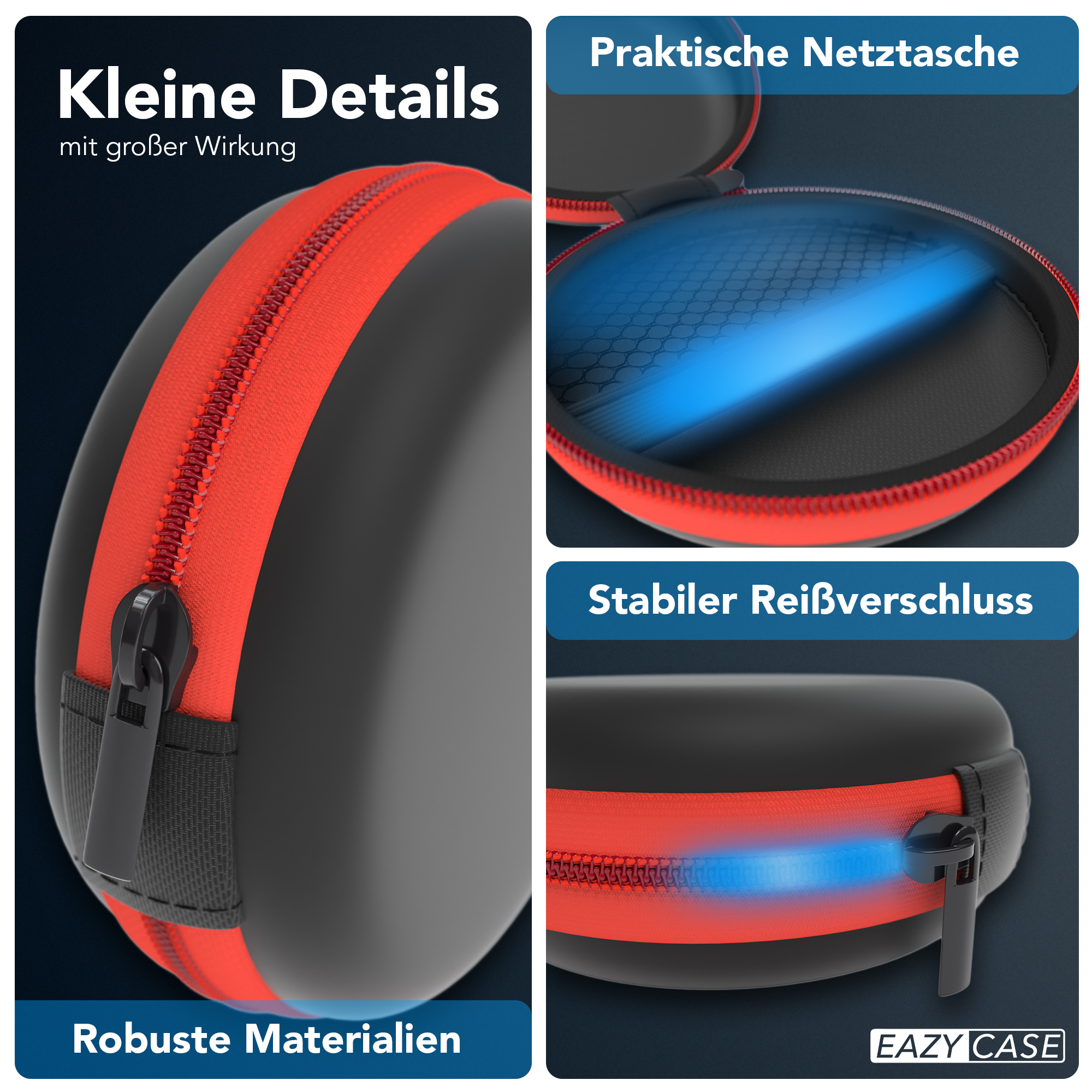 Ein kleiner schwarzer und roter Koffer mit rotem Reißverschluss, detaillierte Nahaufnahmen.