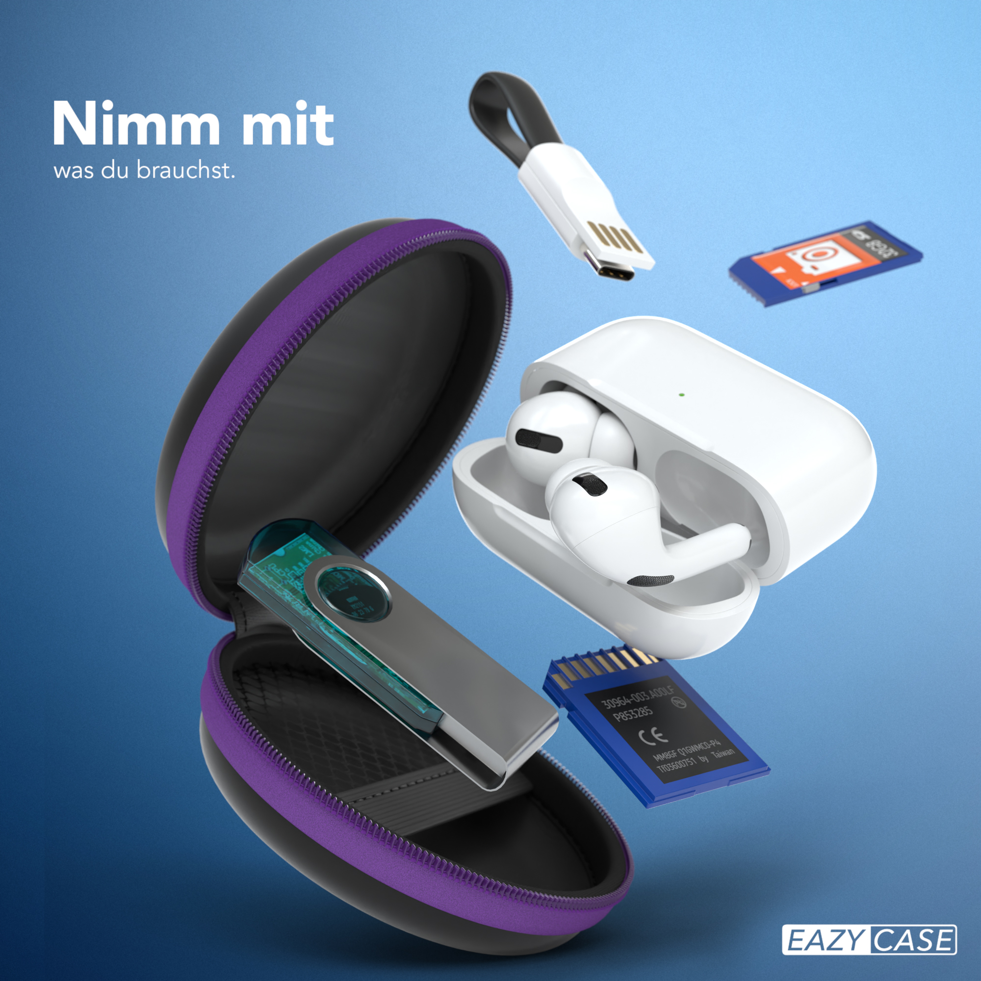 Geöffnete Hülle mit Zubehör: Ohrhörer, SD-Karte, USB-Stick und Ladekabel.