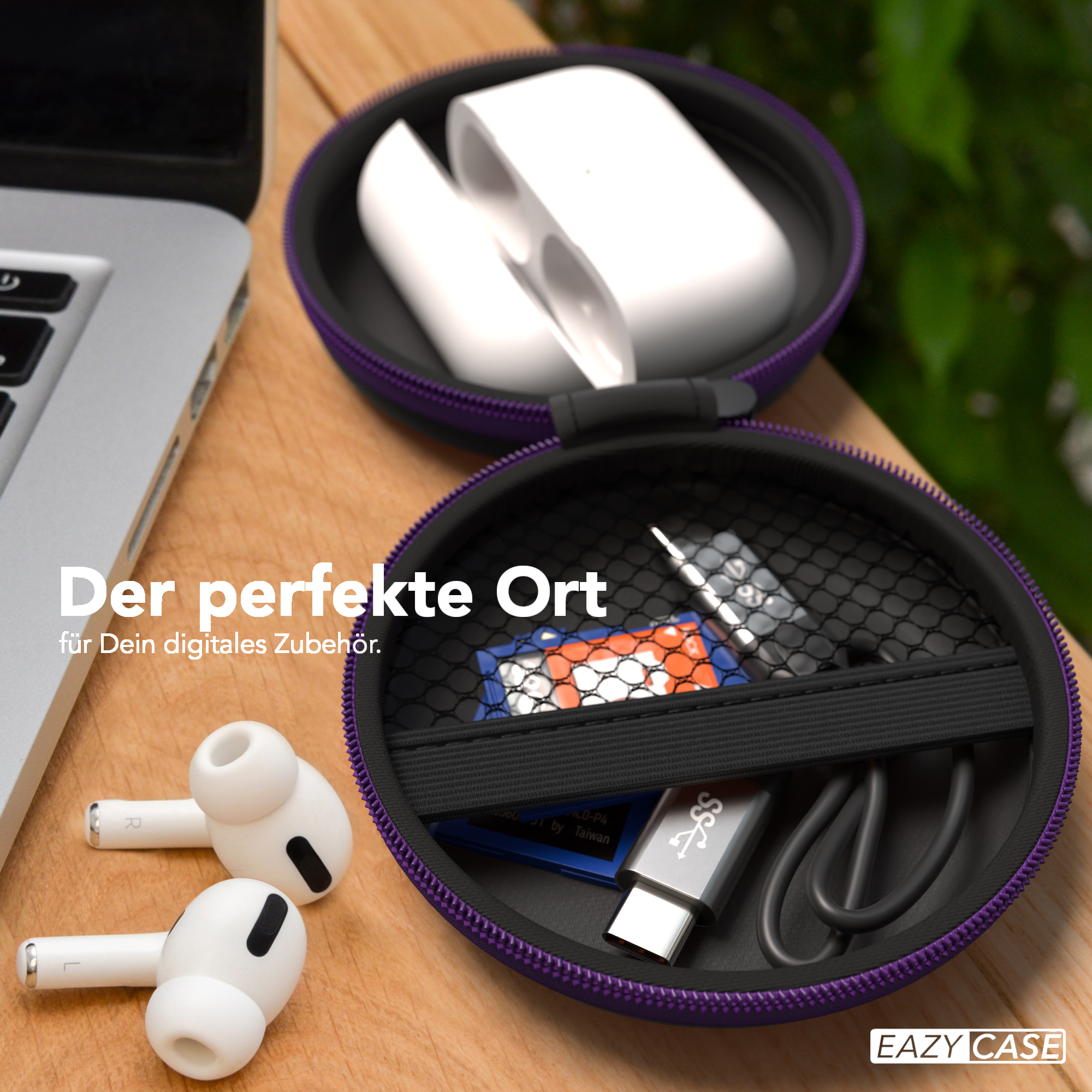 Eazy Case mit Ohrhörern, SD-Karte, USB-Laufwerk, Kabel und einem Laptop.
