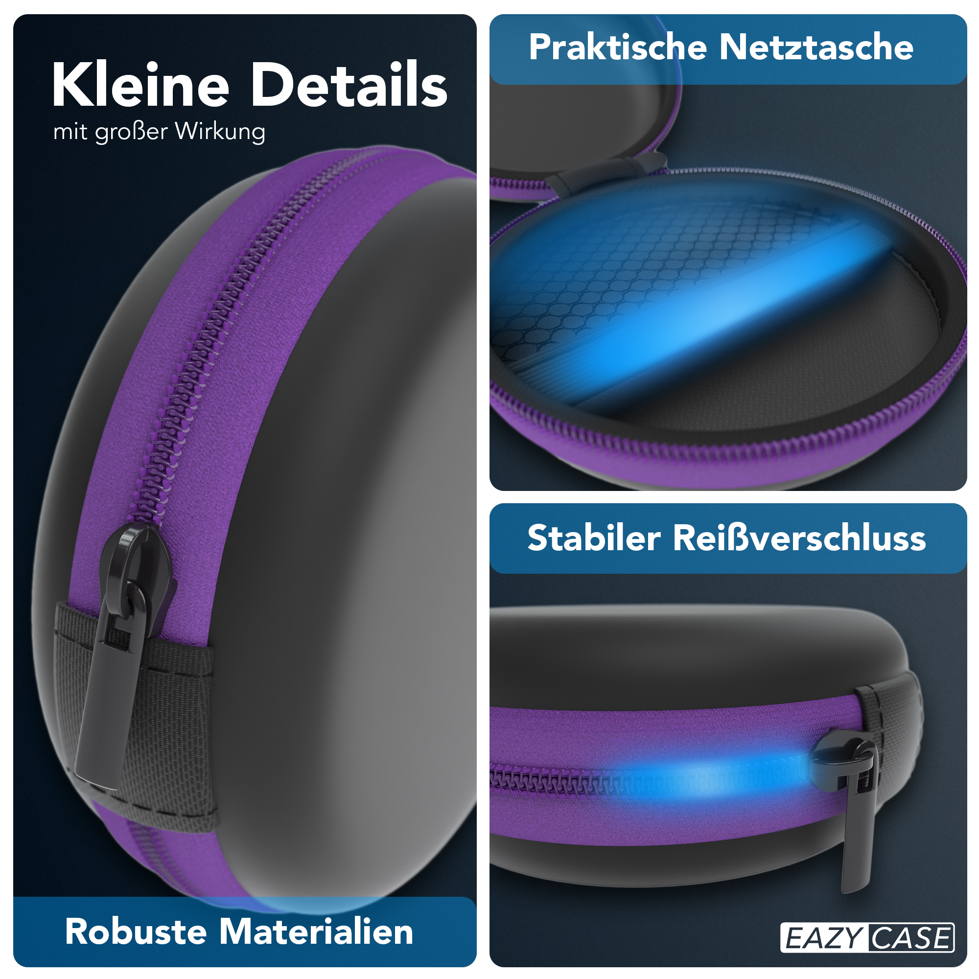 Schwarzes Etui mit lila Reißverschluss. Das Bild zeigt ein geschlossenes Etui, eine Netztasche und Reißverschlussdetails.