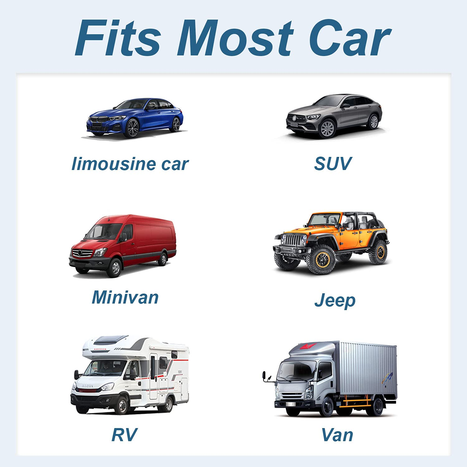 Bilder verschiedener Autos, darunter Limousine, SUV, Minivan, Jeep, Wohnmobil und Transporter.
