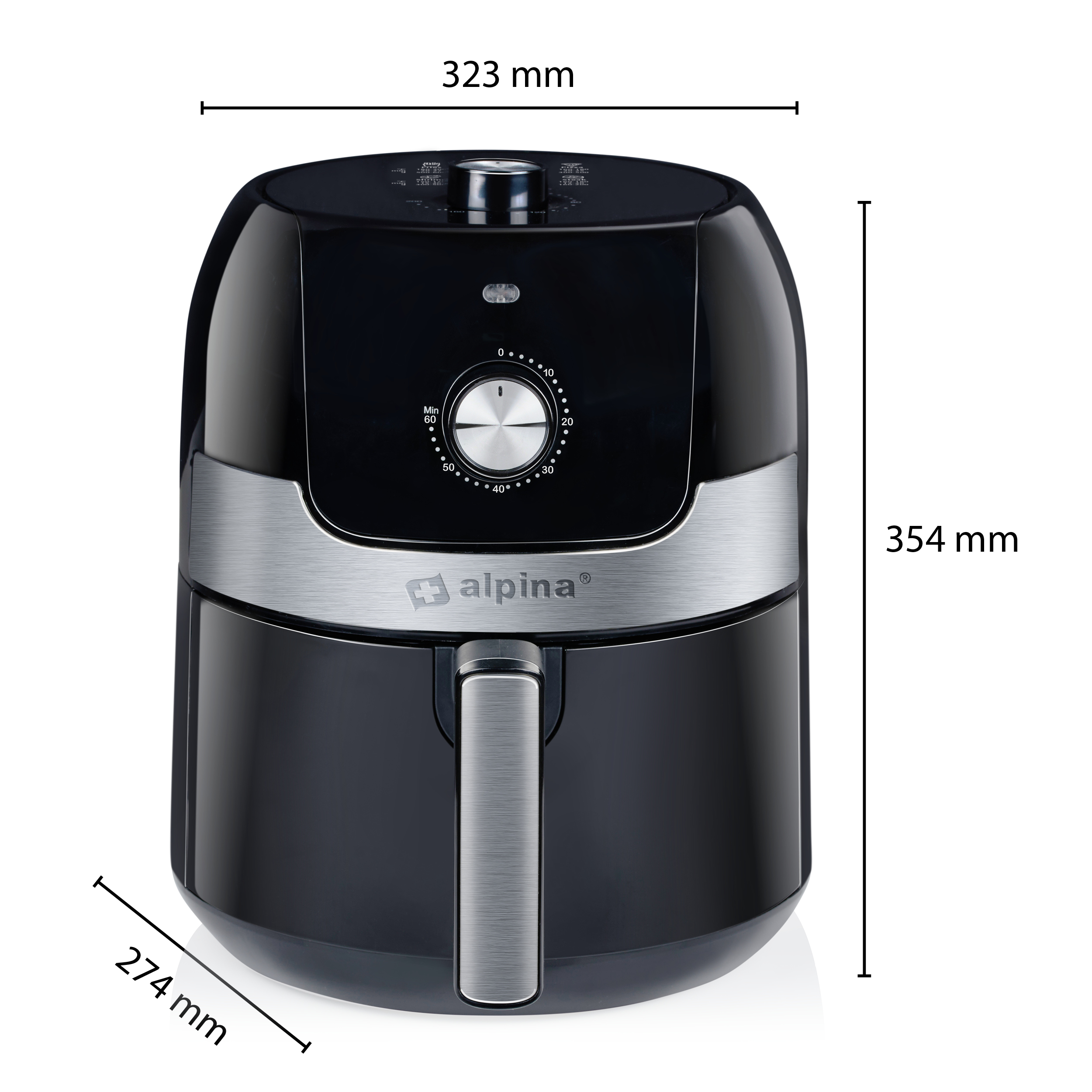 Een zwarte airfryer met afmetingen, zilveren accenten en een handvat.