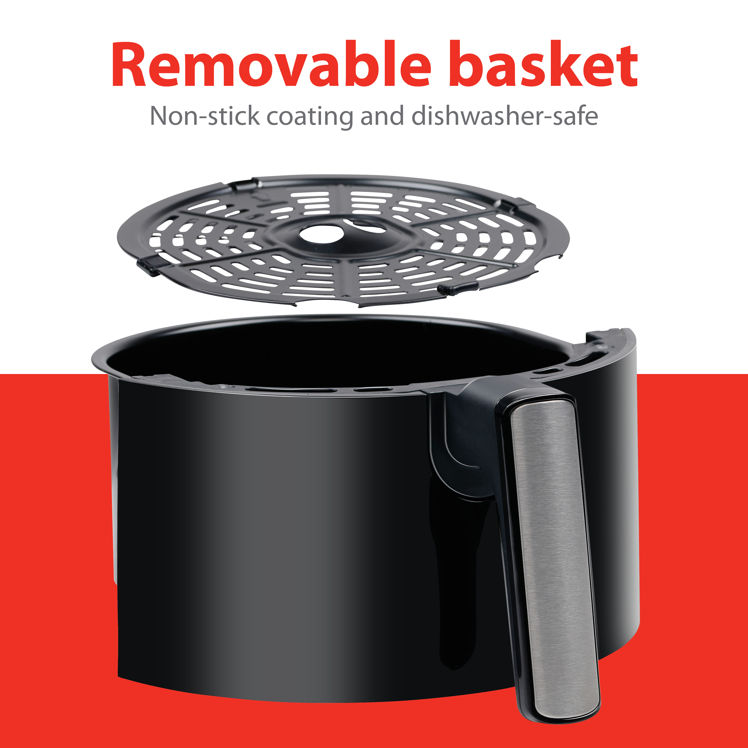 Zwarte airfryer mand en binnenkant, met een rode achtergrond.