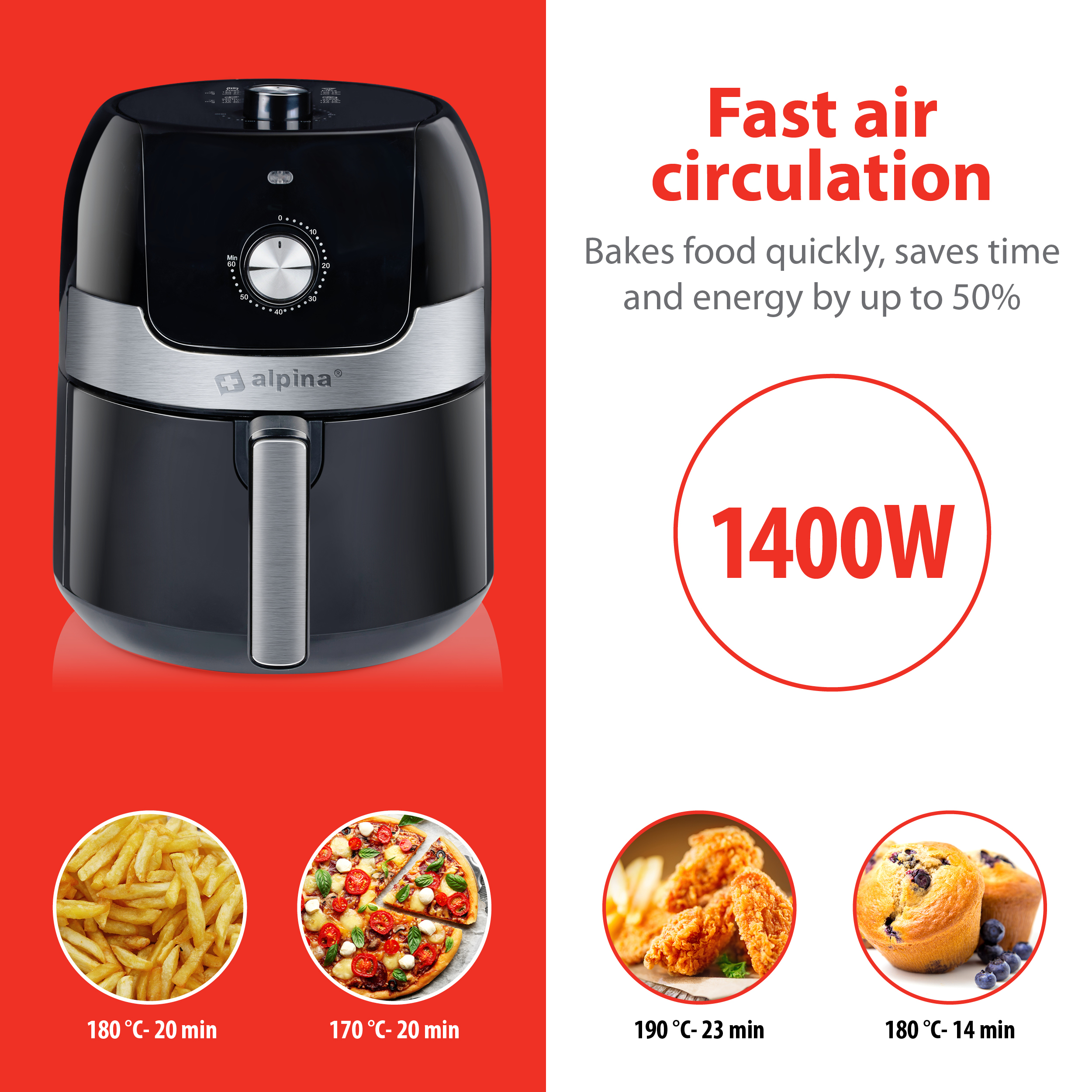 Zwarte airfryer met voedselafbeeldingen, rode achtergrond.