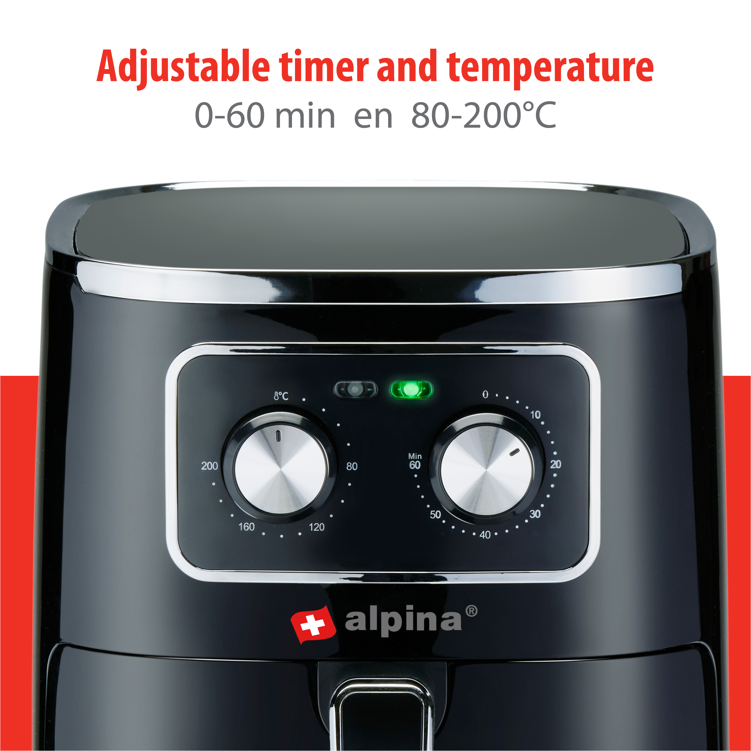 Schwarze Heißluftfritteuse mit Bedienfeld. Einstellbarer Timer und Temperatur angezeigt.