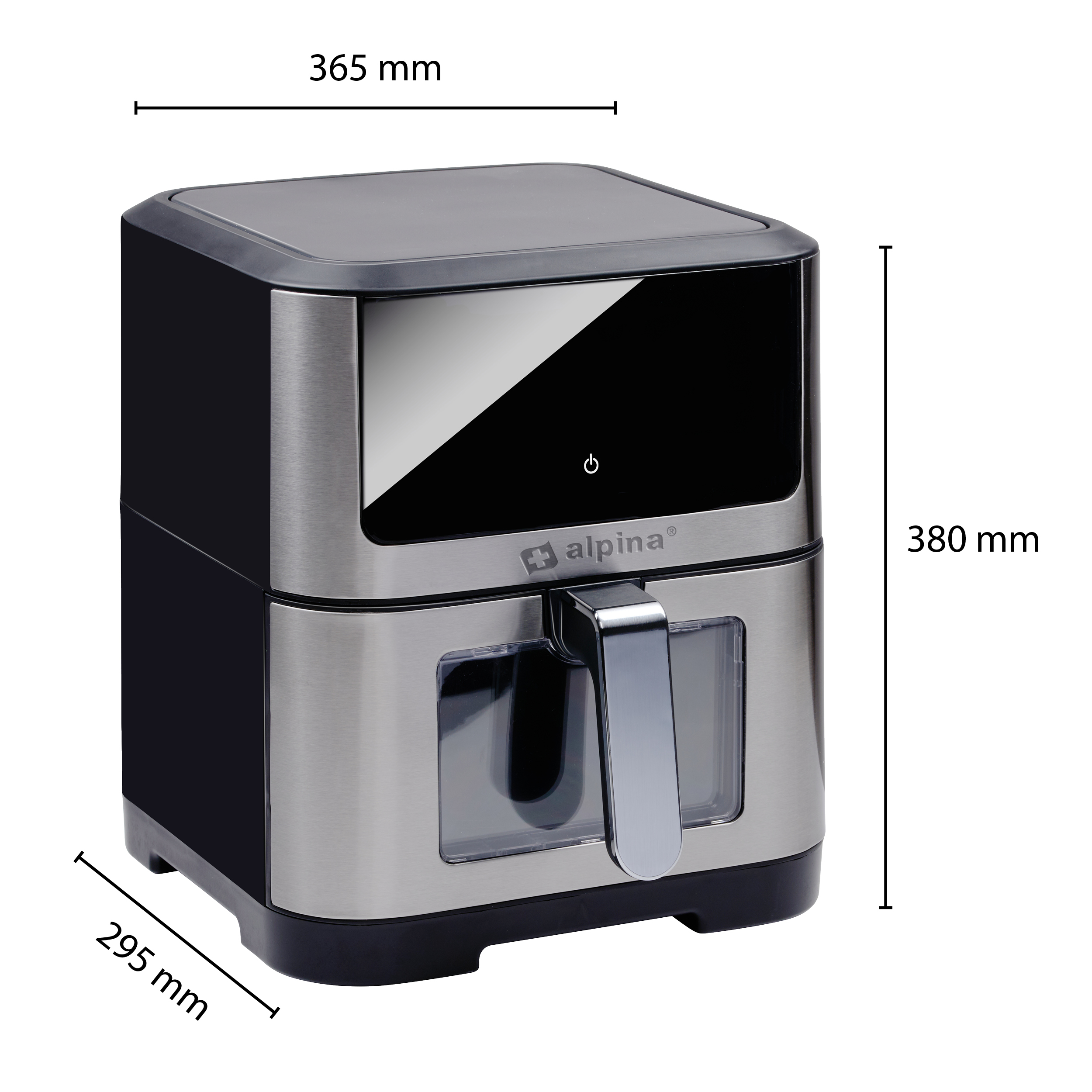 Black and silver air fryer, with dimensions and a clear window.