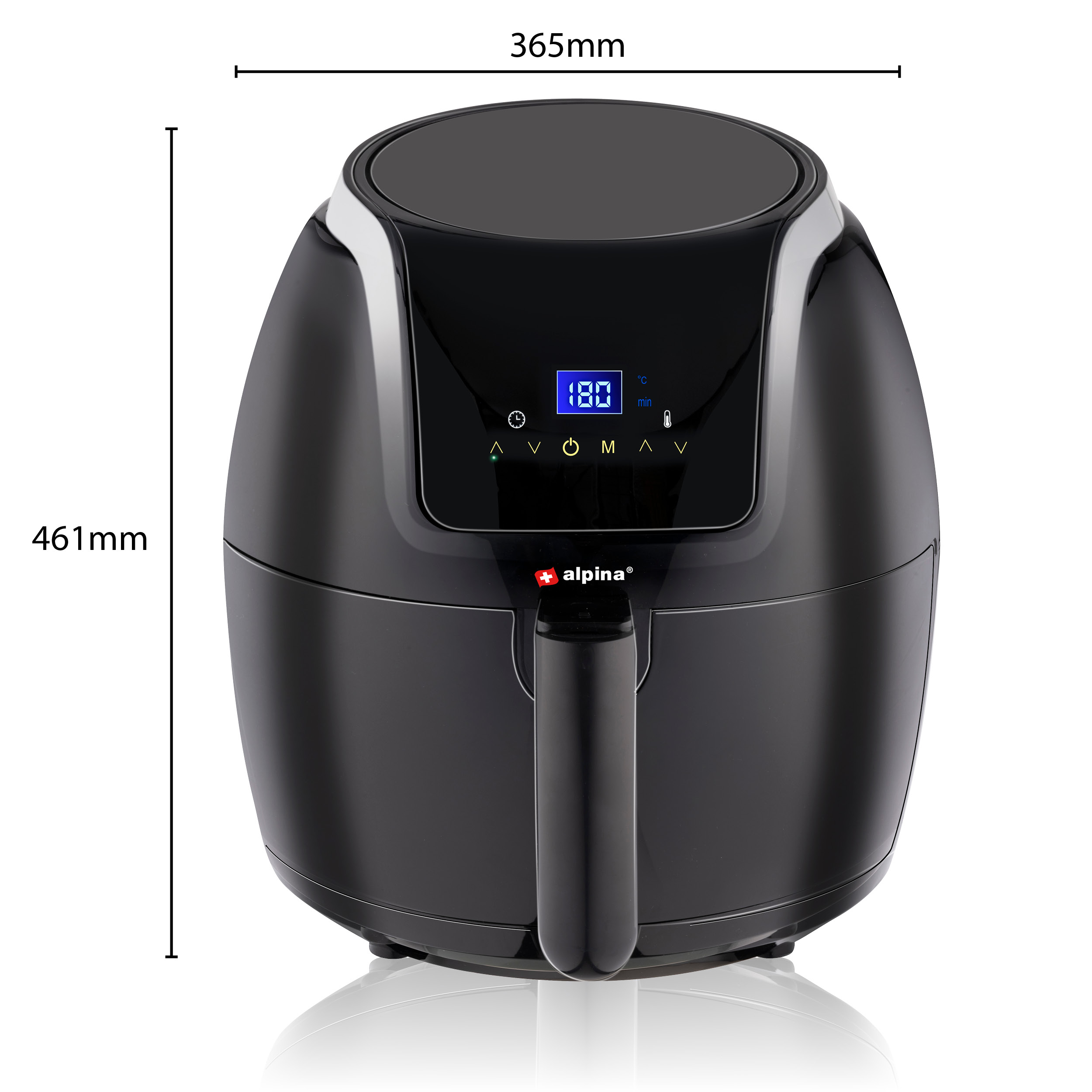 A black air fryer with a handle and digital display, measurements shown.