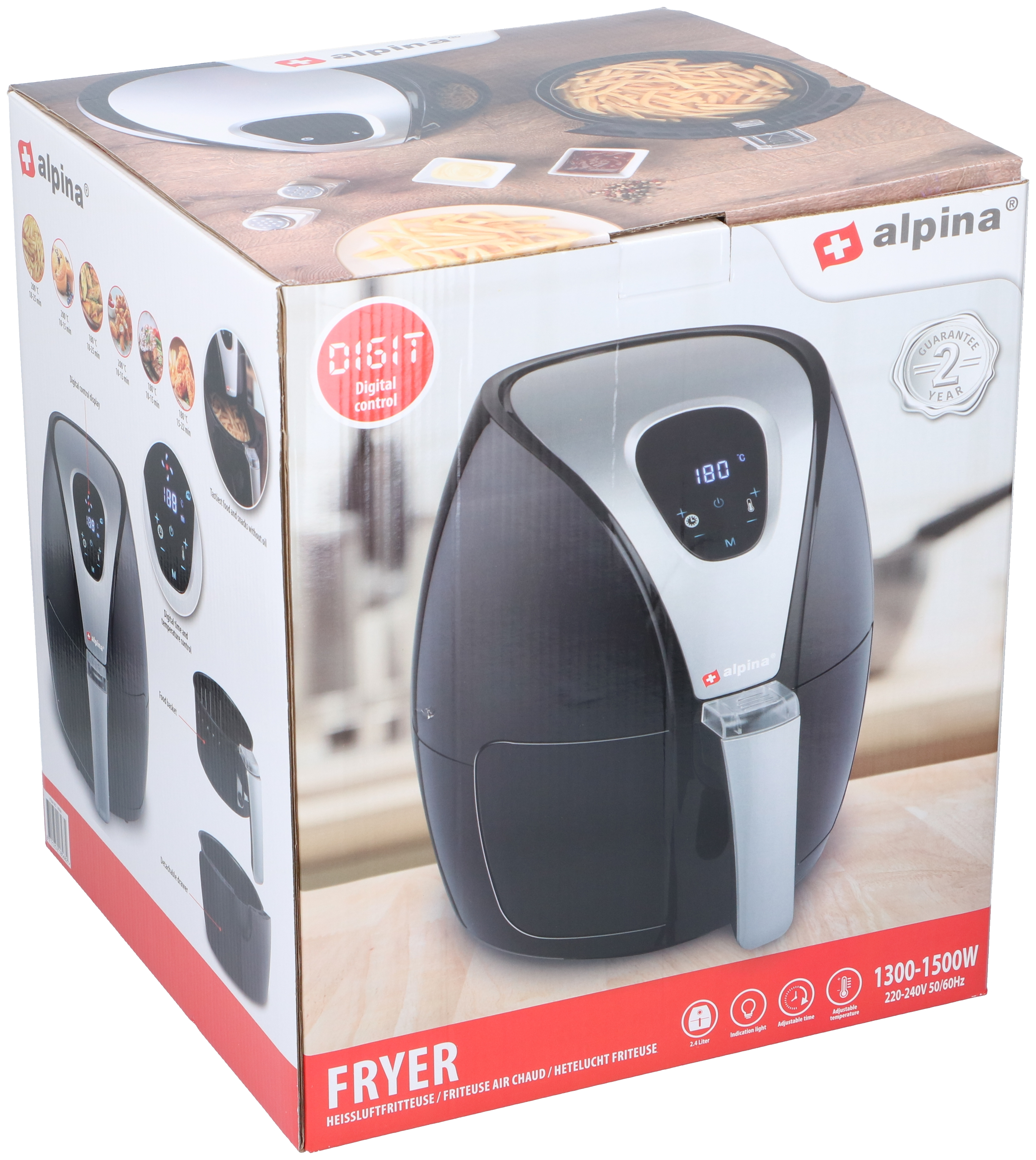 Air fryer in its box. It is black with a digital display and the brand name Alpina.