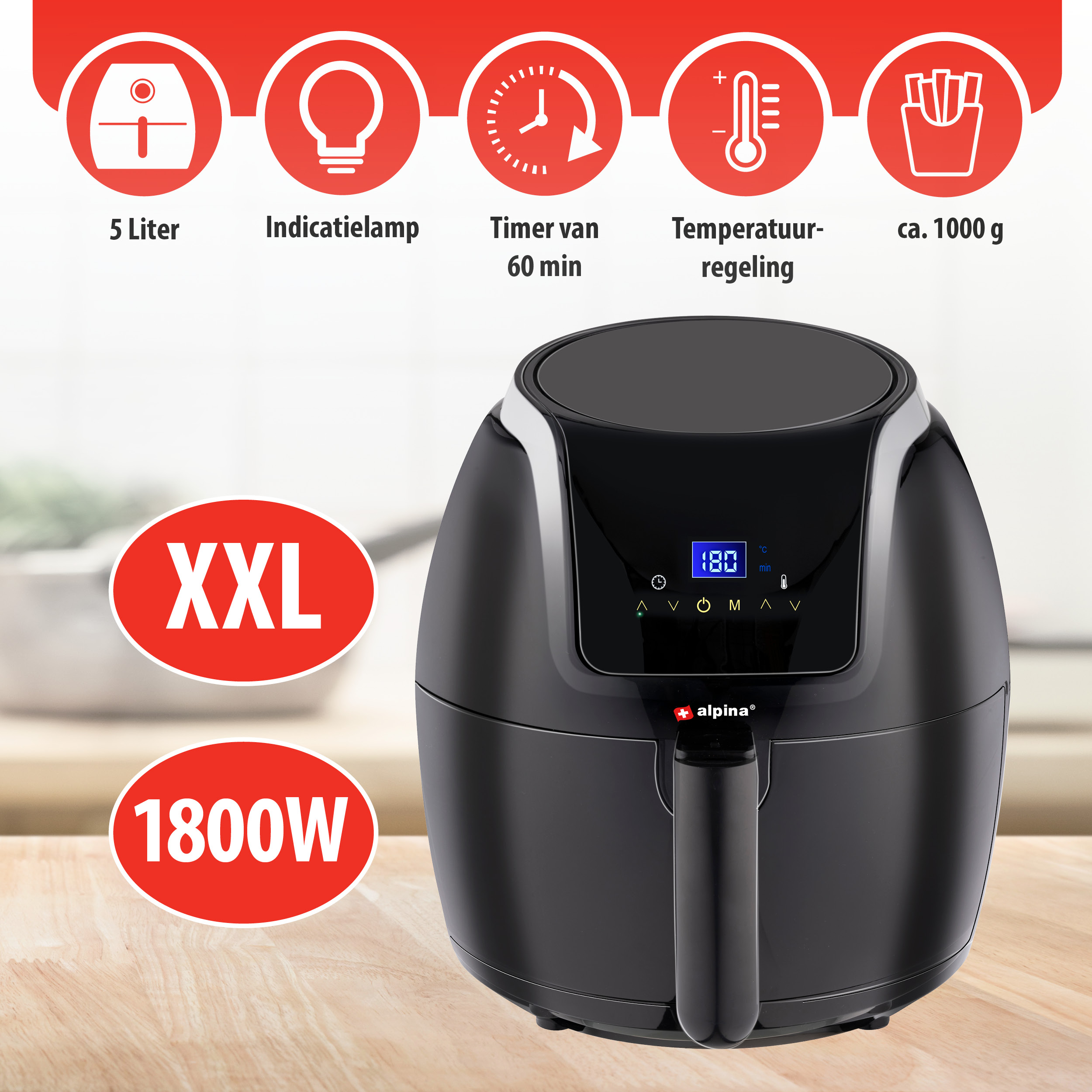 A black air fryer with labels showing features like capacity, wattage, timer and temperature control.