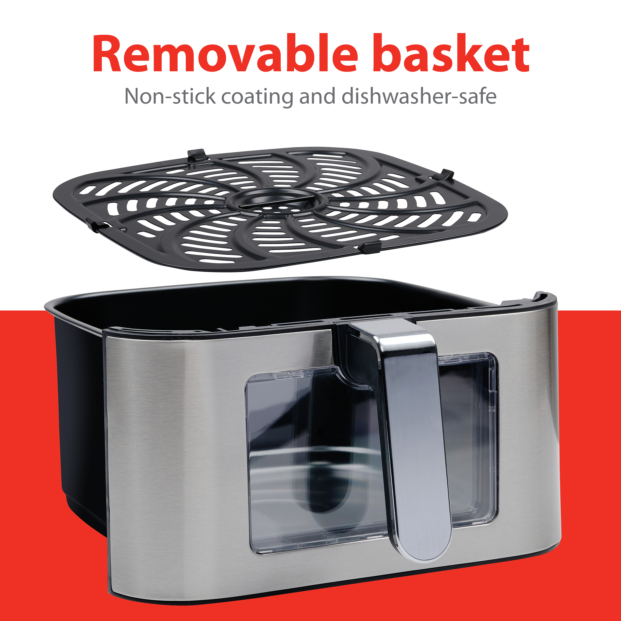An air fryer with a removable basket, and a silver exterior.