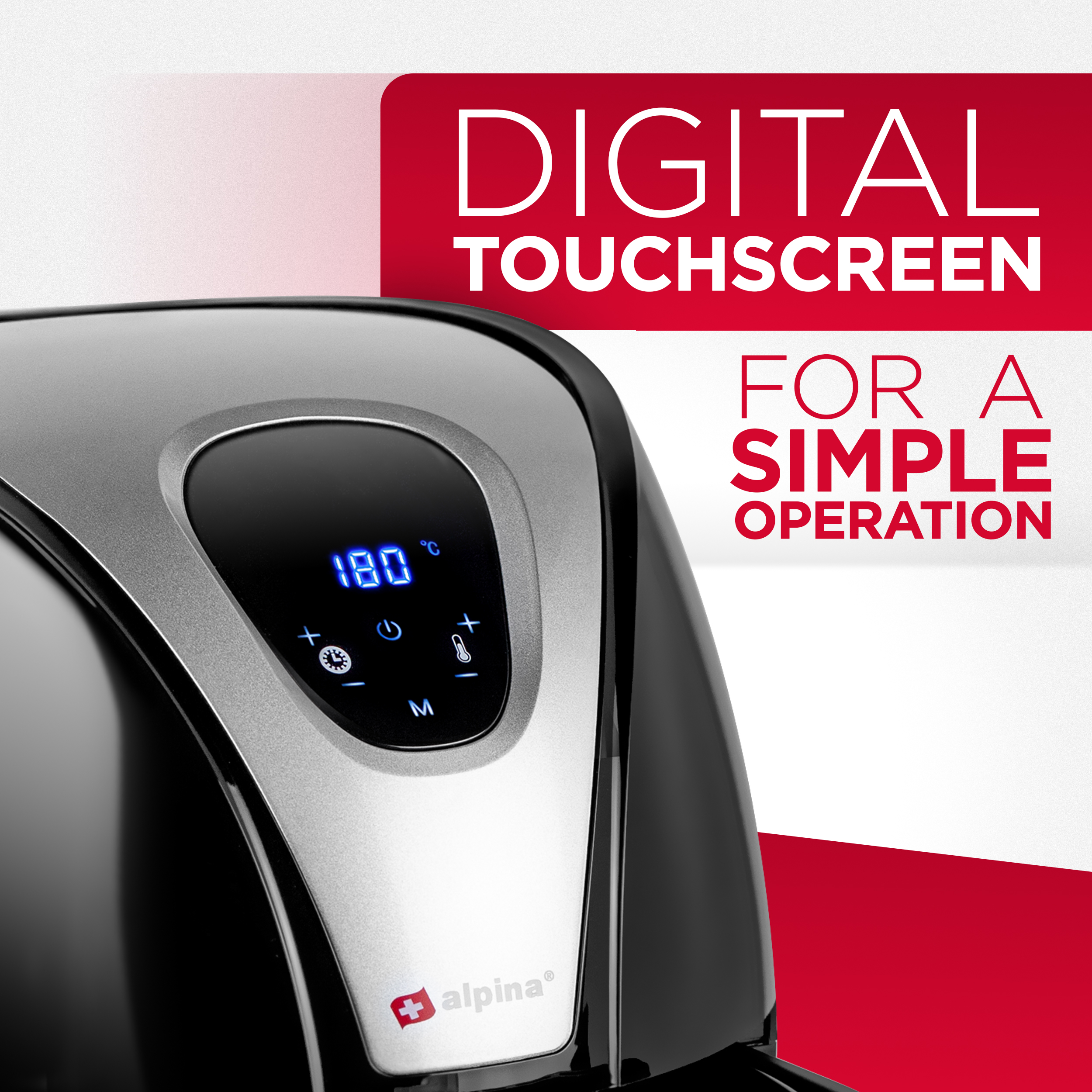 Close up of a black air fryer with a digital touchscreen. The display reads 180 degrees Celsius.