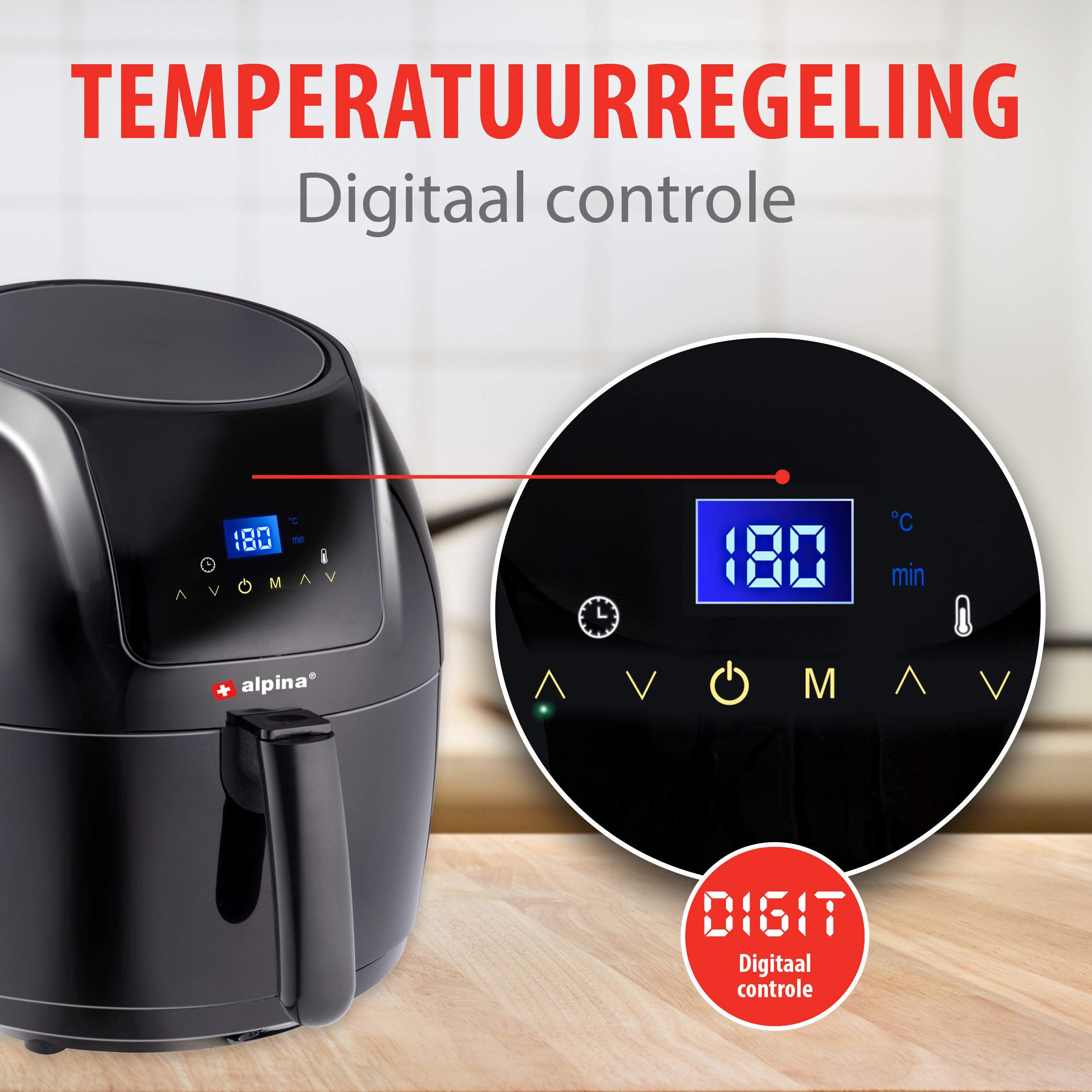 Black air fryer with digital control panel showing 180 degrees. Text above reads: Temperature control.