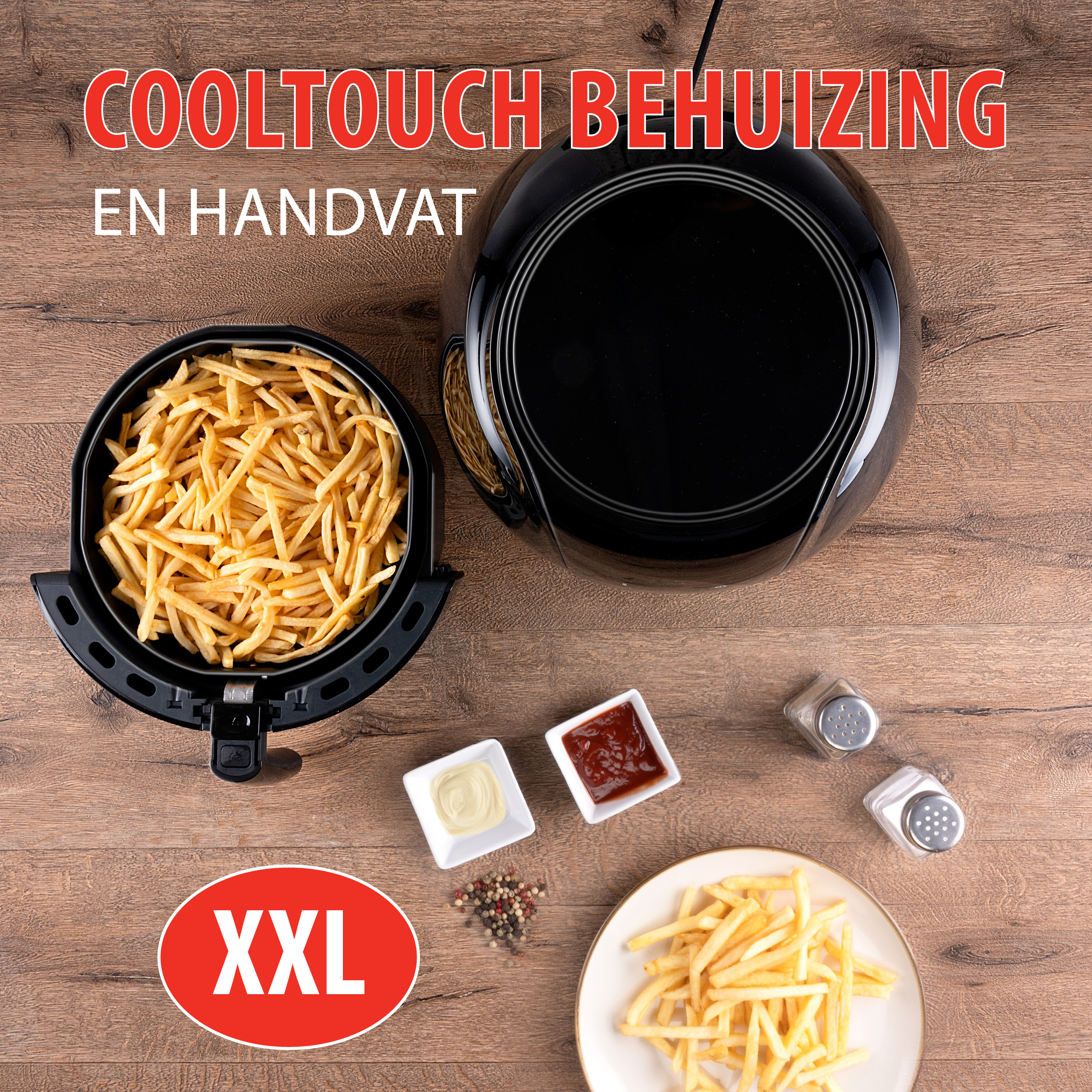 Top view of french fries in an air fryer and condiments.
