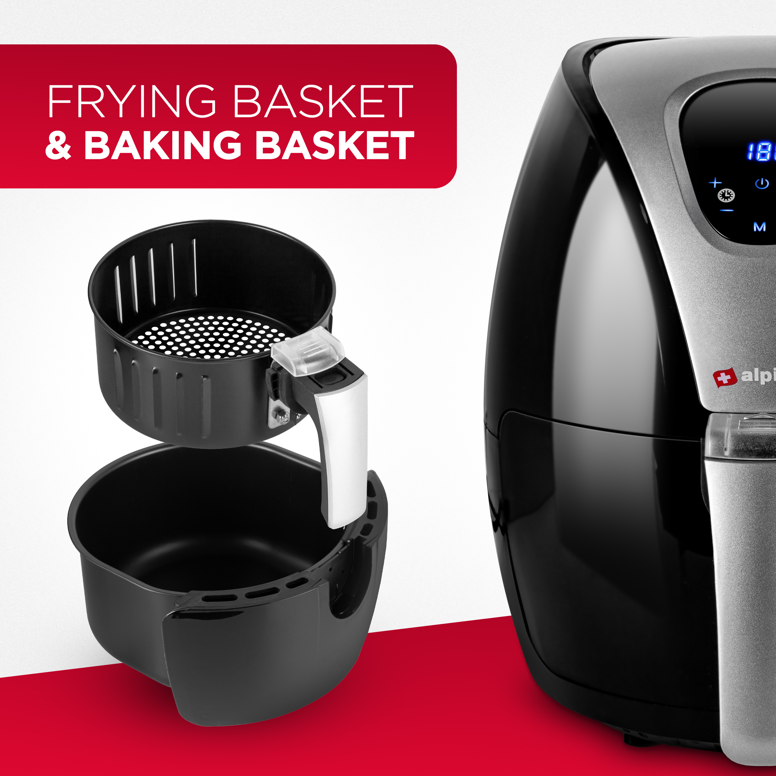Black air fryer with a frying basket and baking basket.