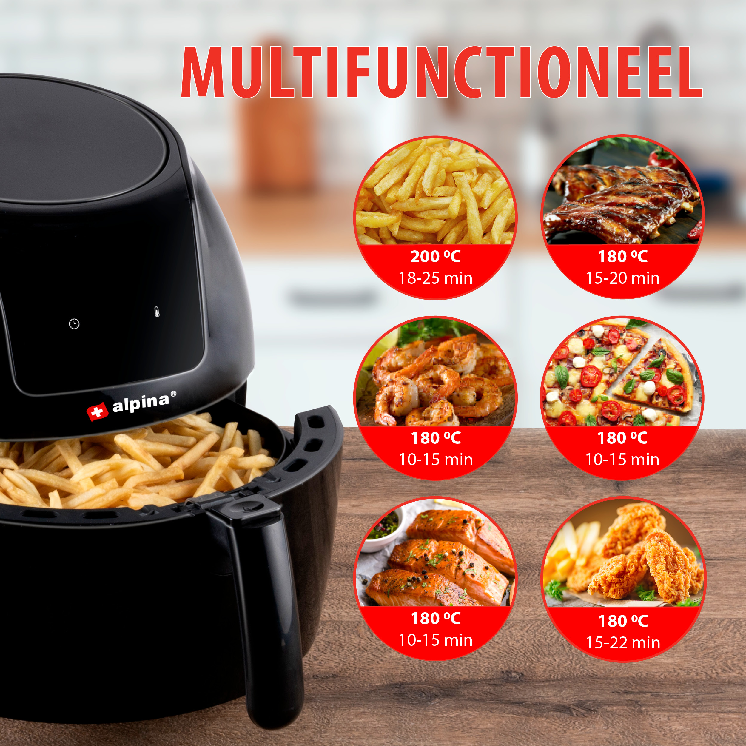 Black air fryer with displayed food cooking instructions. Includes fries, ribs, shrimp, pizza, salmon, nuggets.