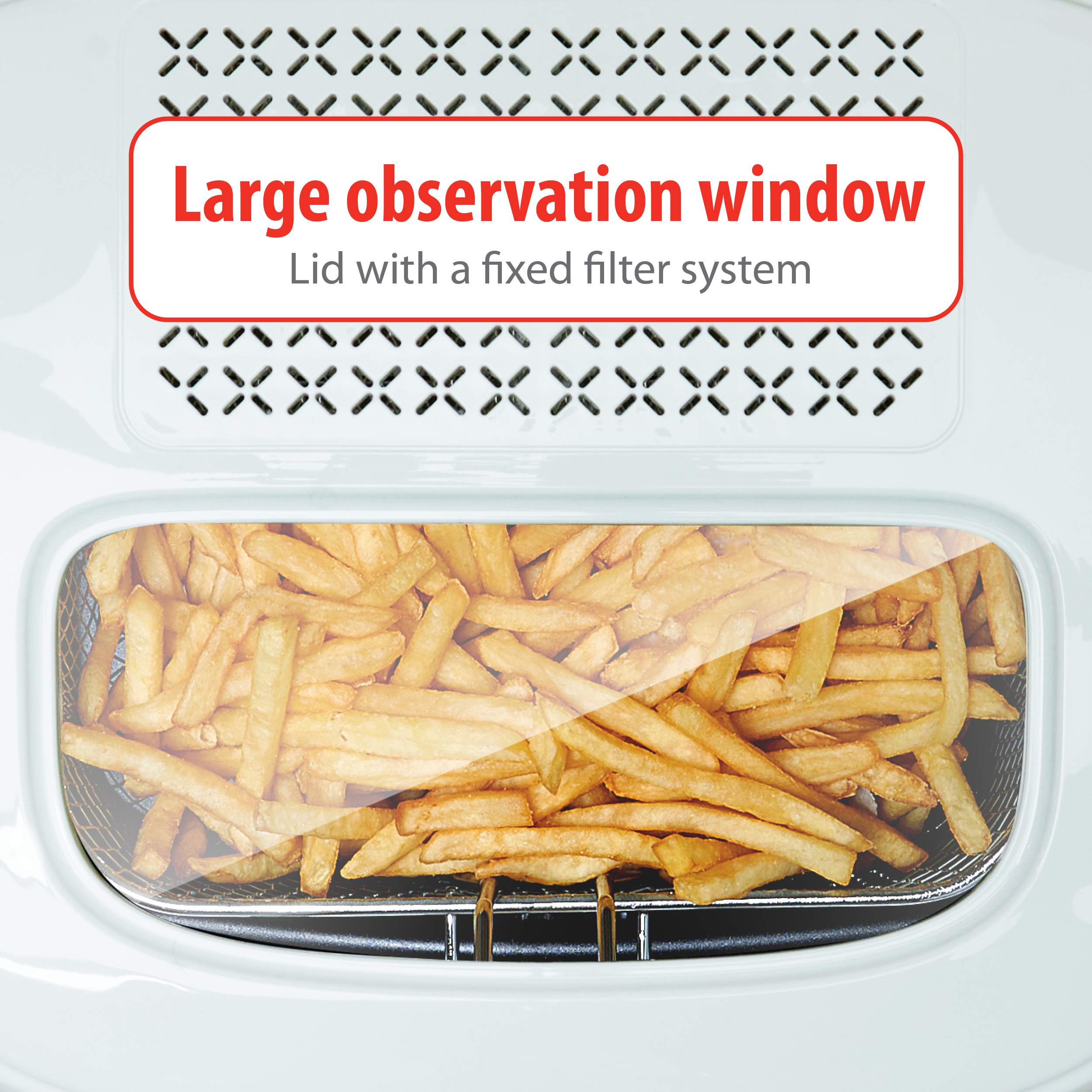 Nahaufnahme von Pommes Frites in einer Fritteuse, durch ein Fenster sichtbar.