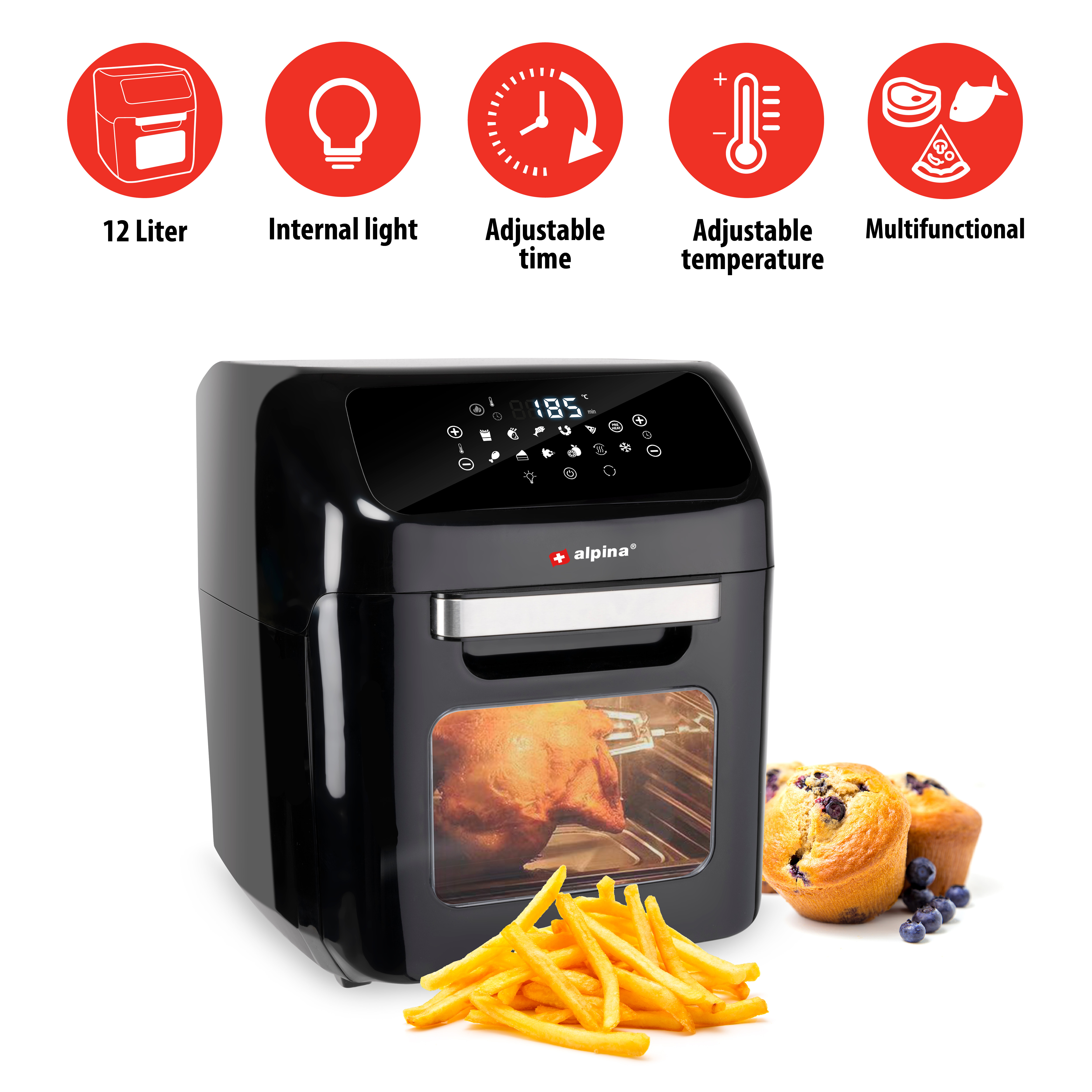 Schwarze Heißluftfritteuse mit Essen, Symbole oben. Pommes und Muffins sind vorne.