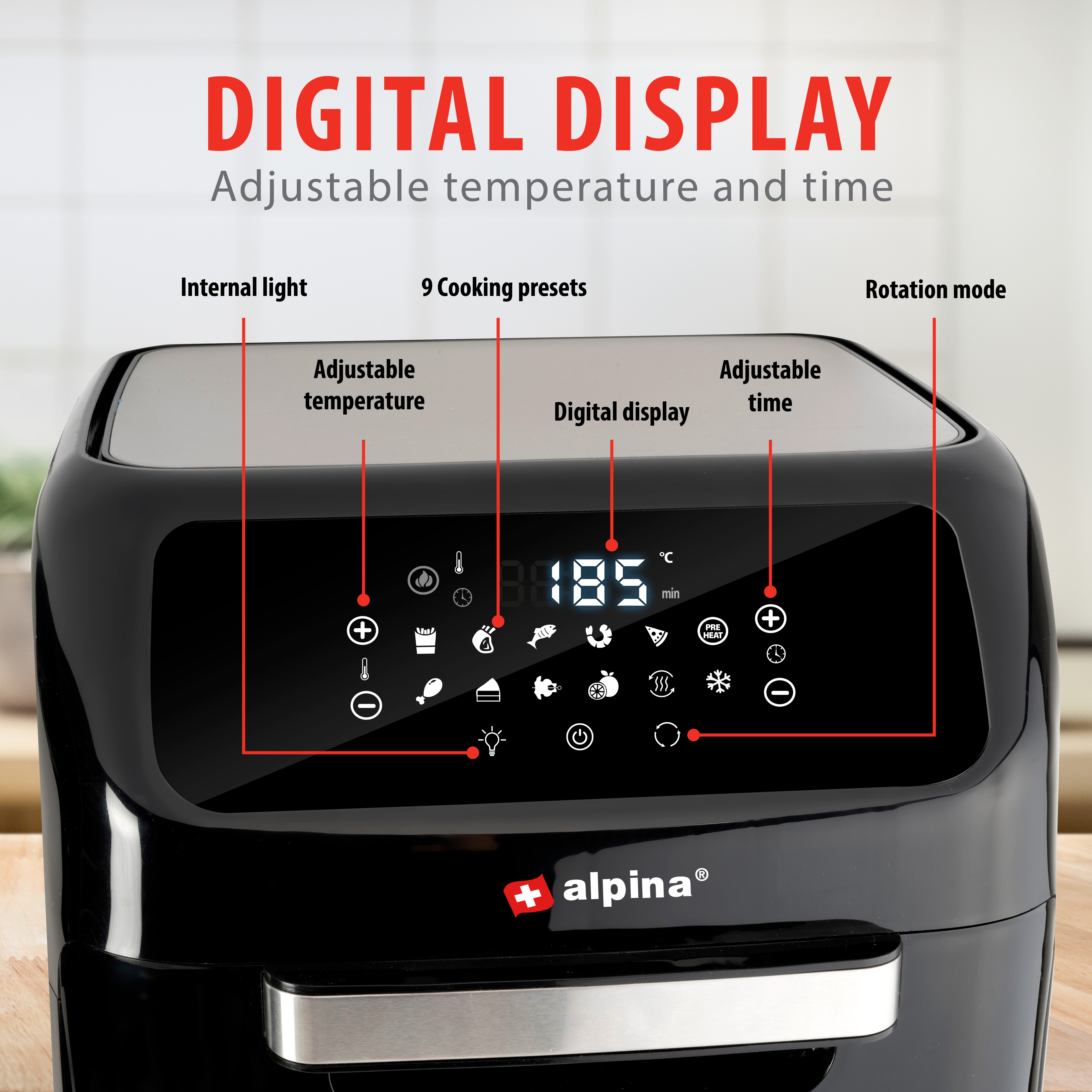 Schwarze Heißluftfritteuse mit Digitalanzeige, Alpina-Marke.
