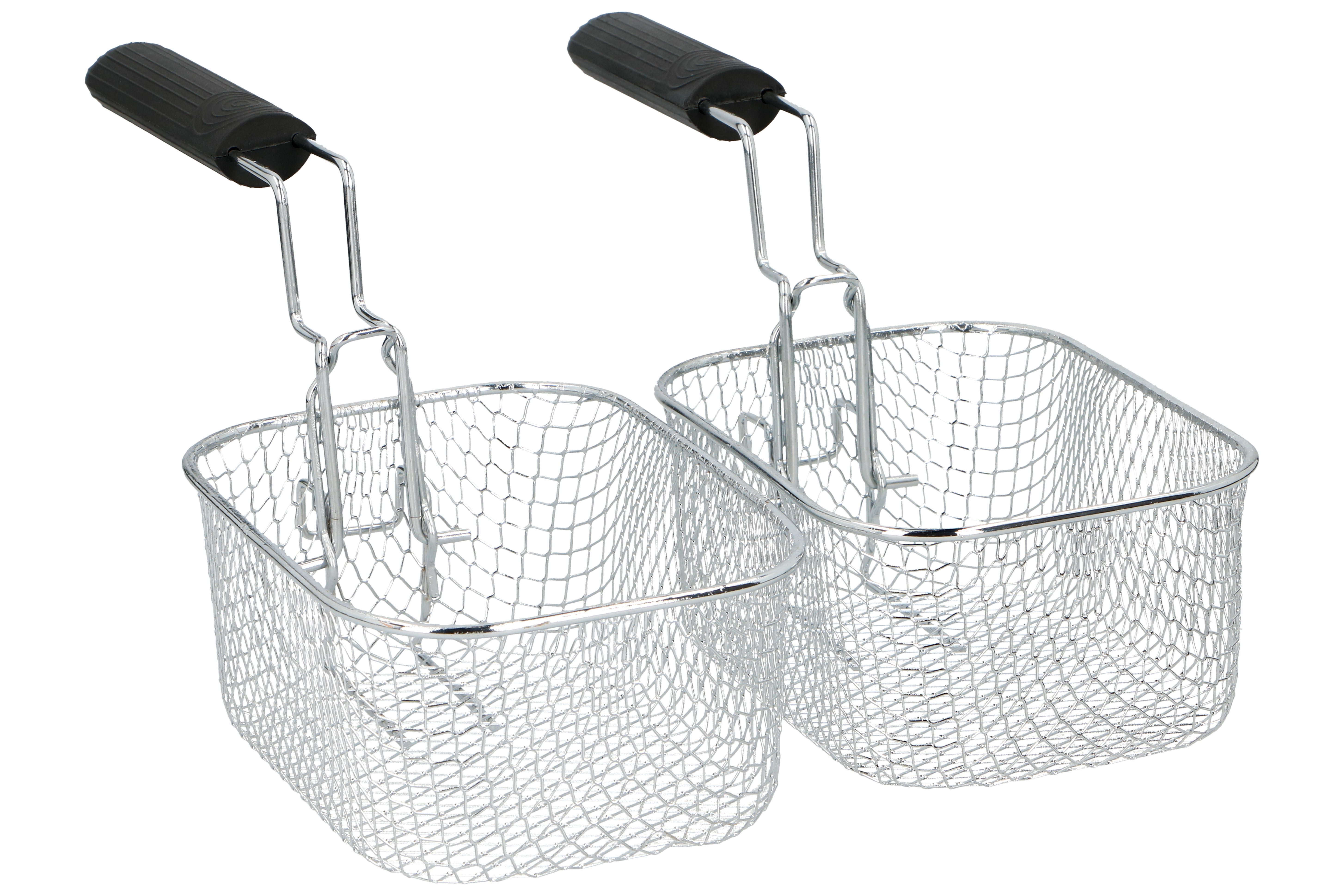 Two stainless steel wire mesh fry baskets with black handle tops.