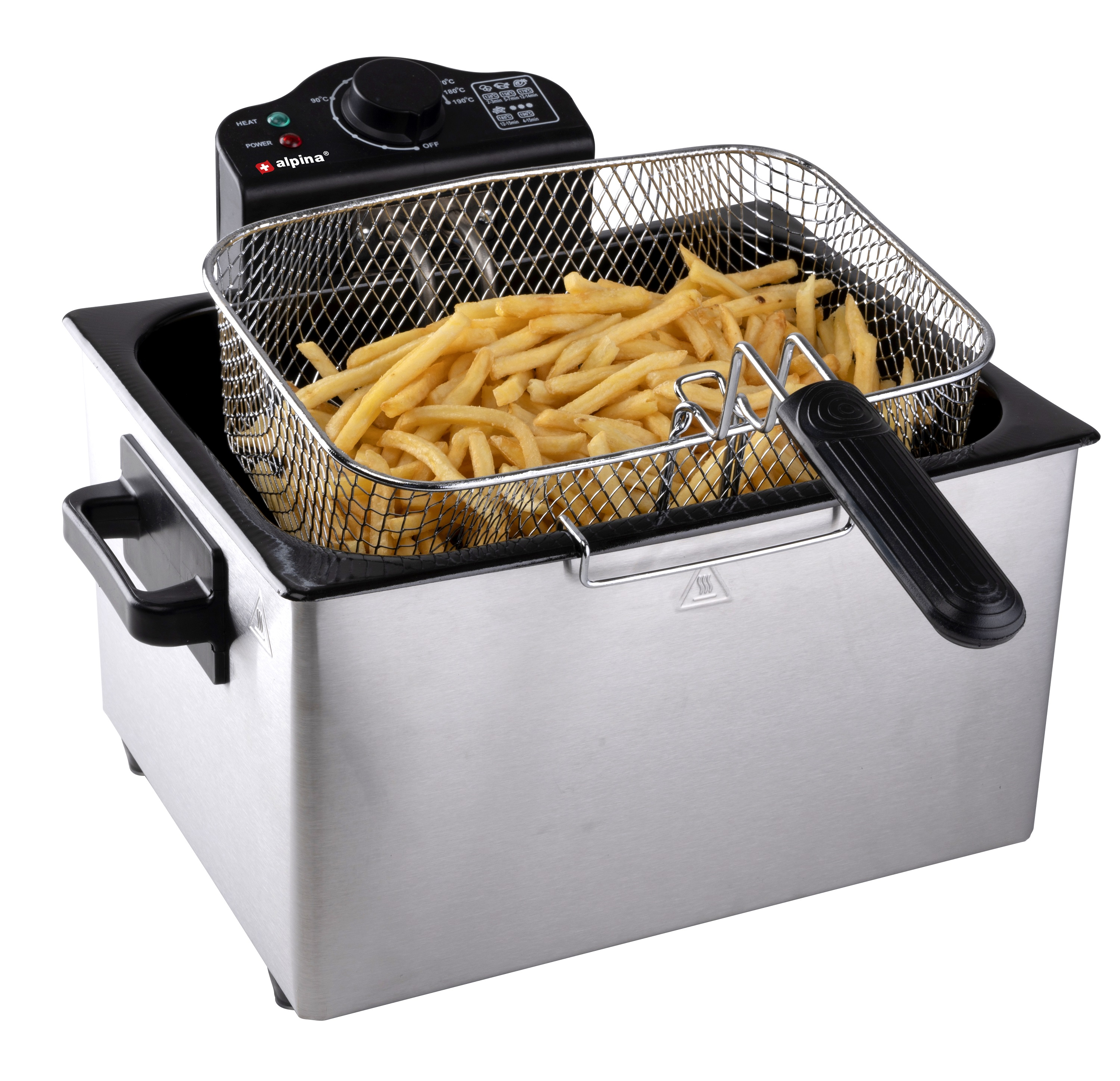 Stainless steel deep fryer with fries in a basket. Black controls and handle. White background.