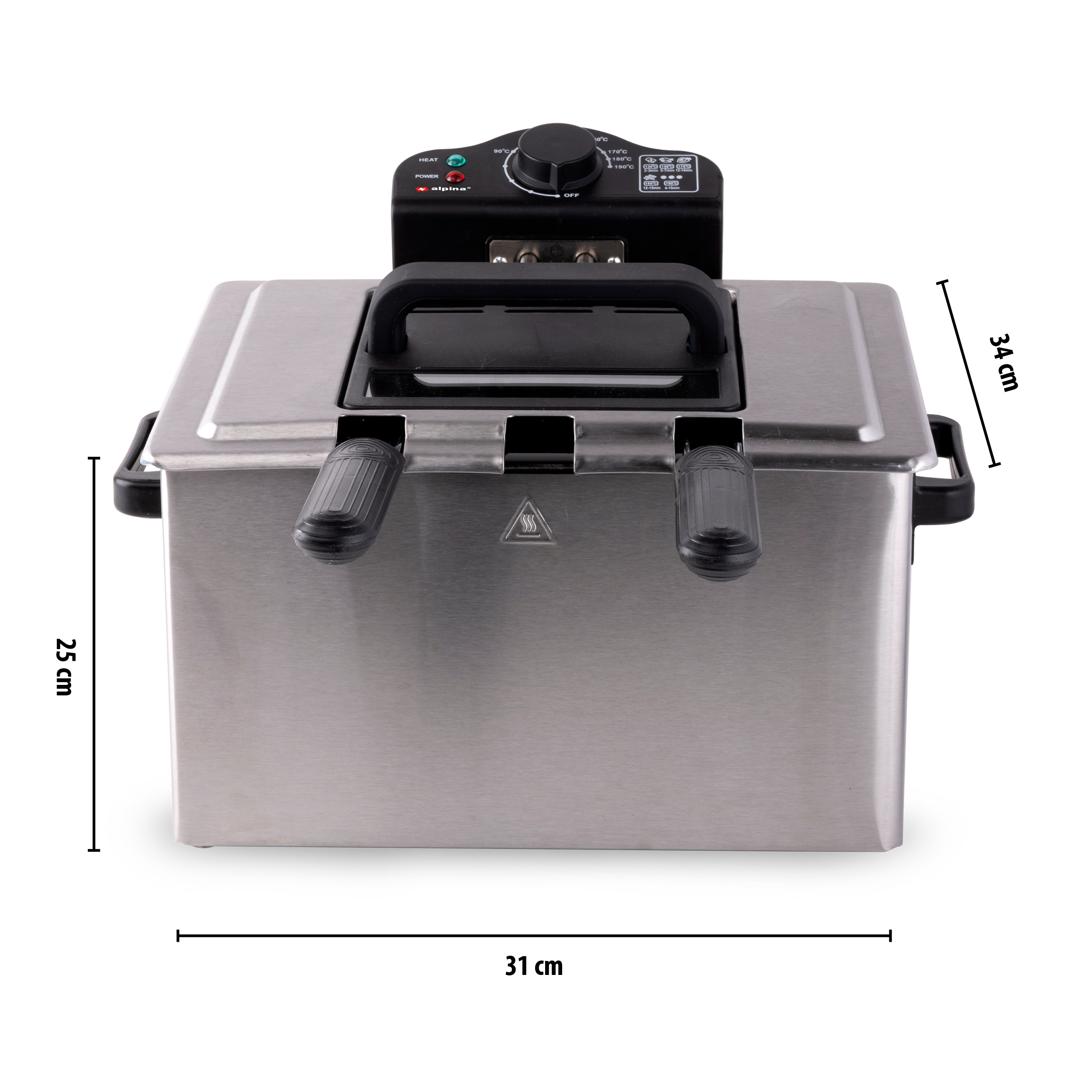 Stainless steel deep fryer with handles and dimensions labeled: 25cm, 31cm, 34cm.