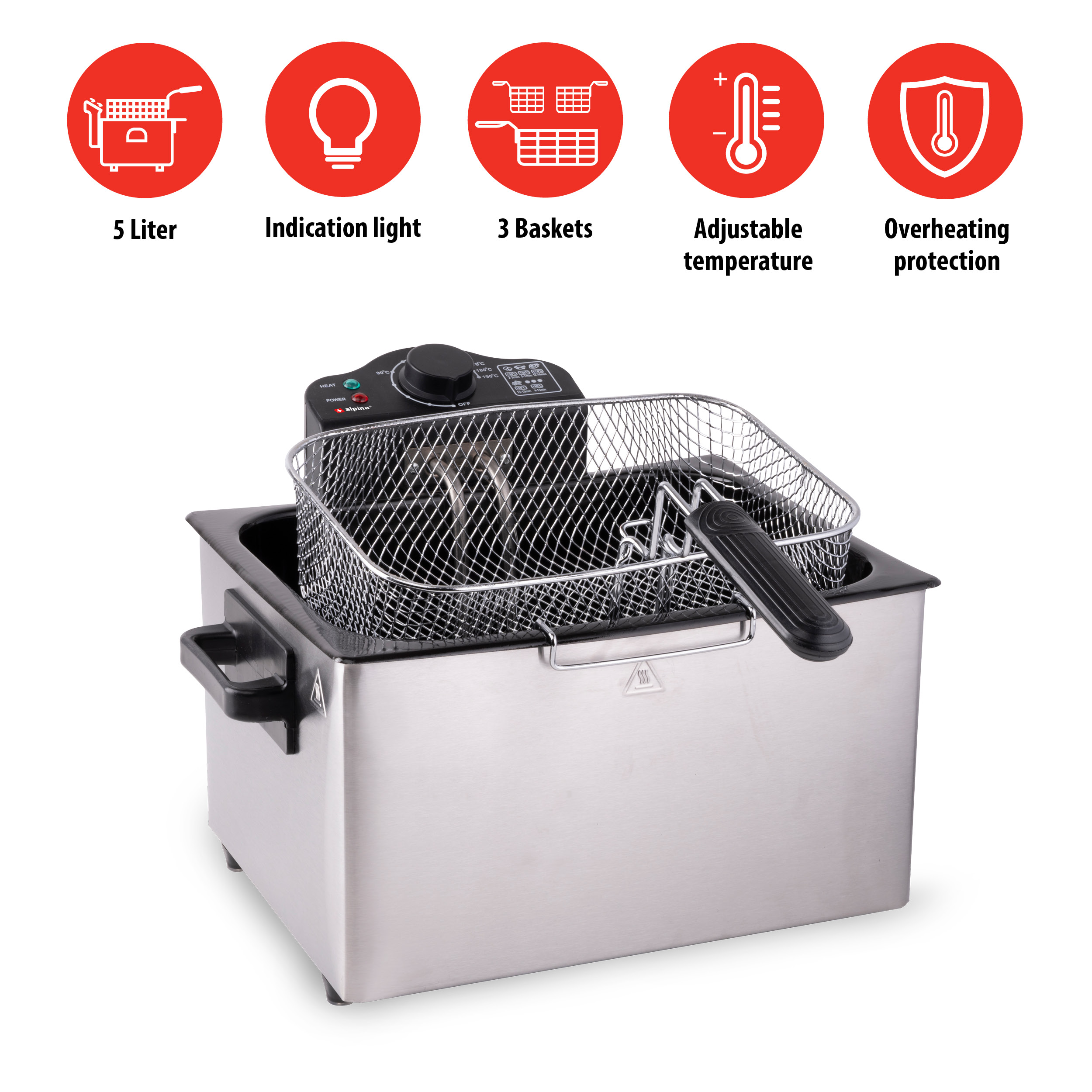 A stainless steel deep fryer with control panel and icons.