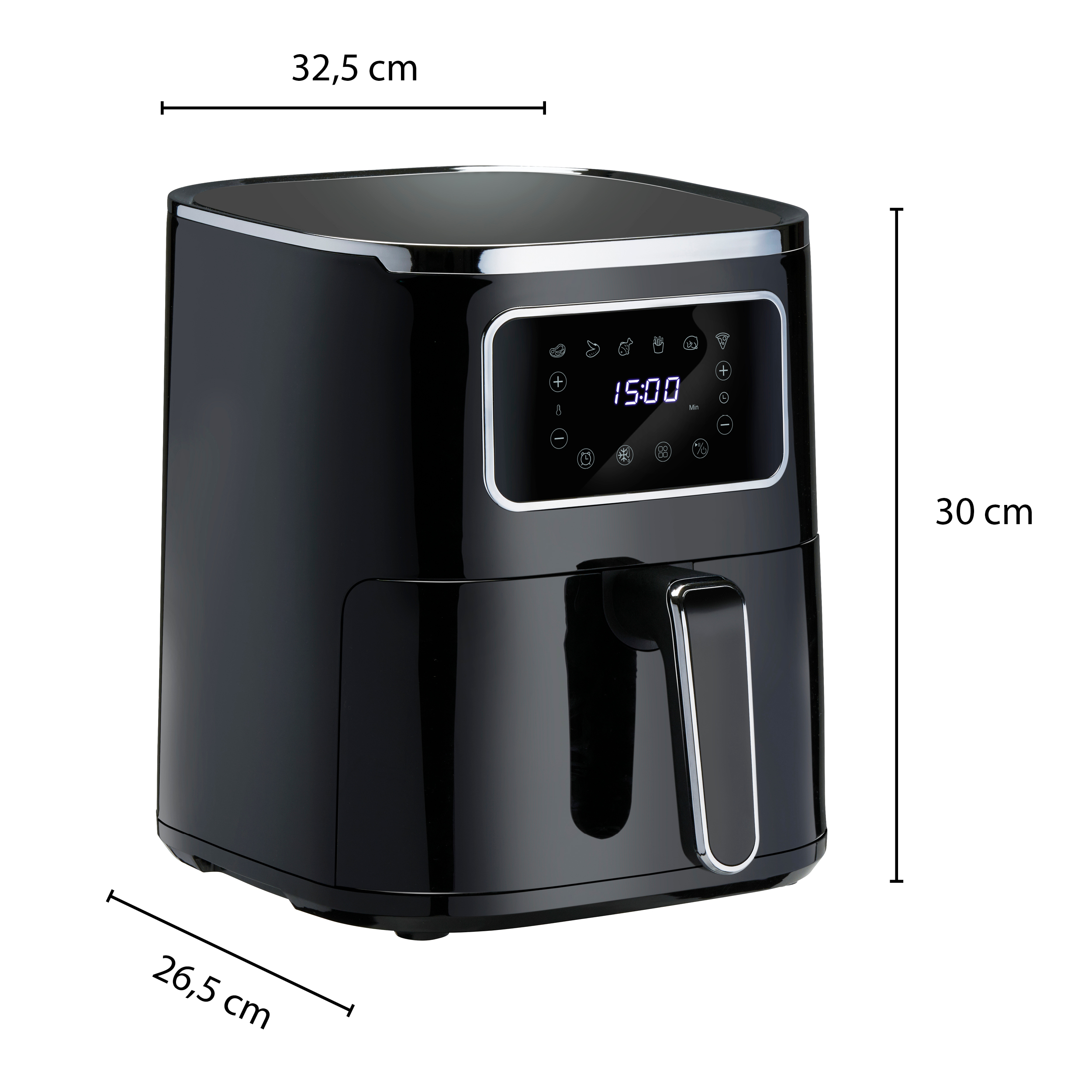 Zwarte airfryer, met afmetingen 32,5 cm x 26,5 cm x 30 cm, met handvat en display.