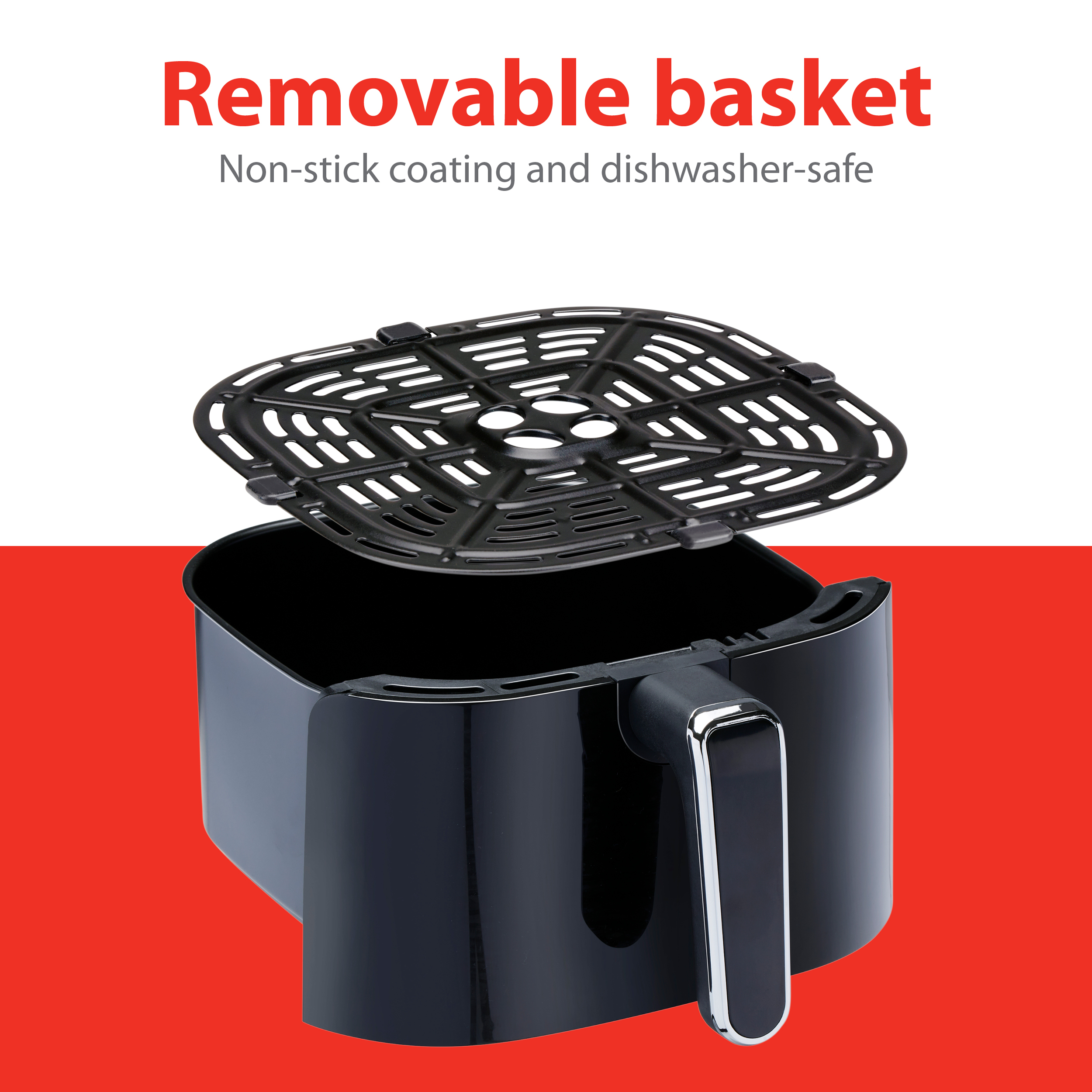 Zwarte airfryer met de mand verwijderd, de binnenkant tonend. Tekst luidt 'Verwijderbare mand'.