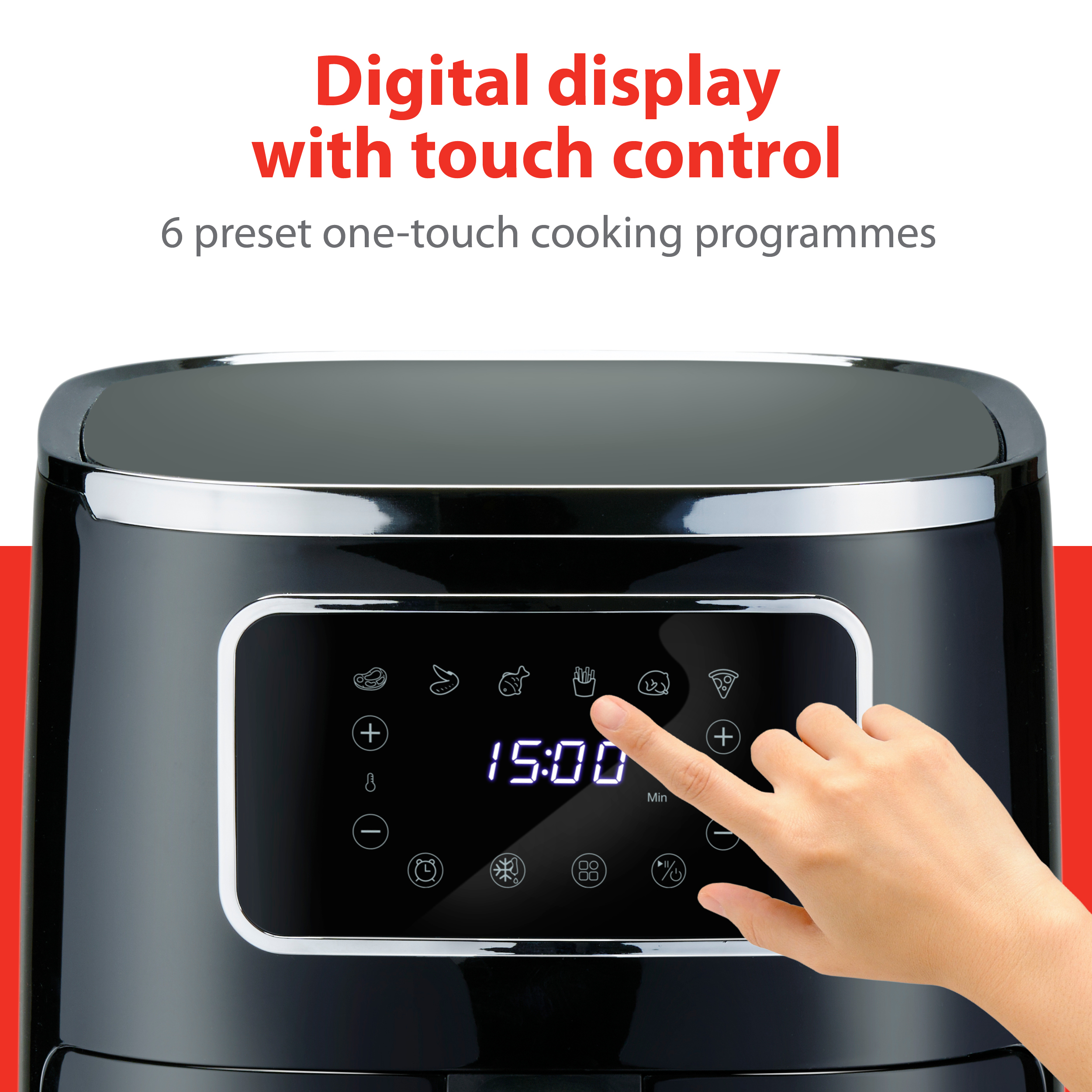 Heteluchtfriteuse met touchscreen, toont 15:00. Een hand raakt het scherm aan.