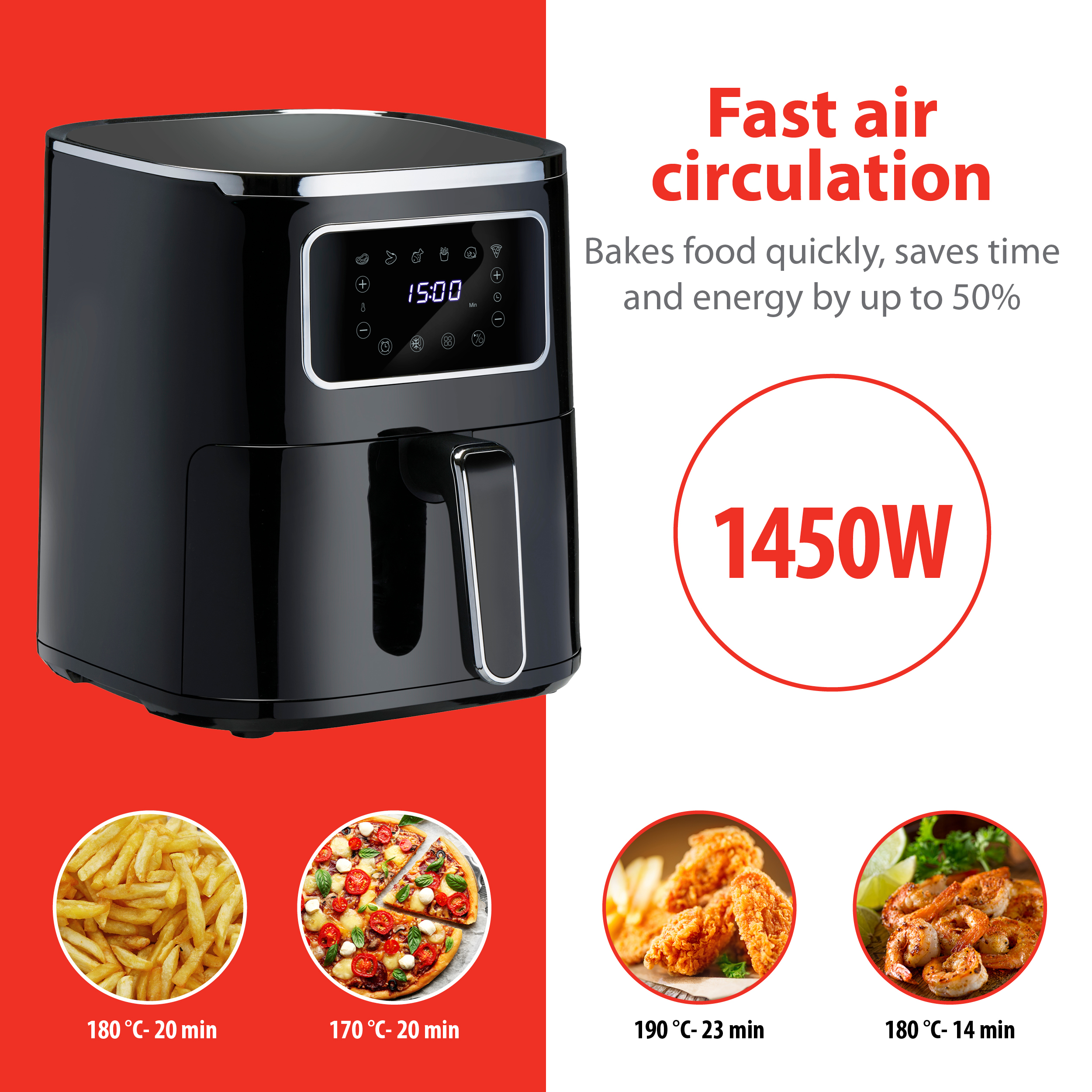 Zwarte airfryer met voedselafbeeldingen. Het toont friet, pizza, vleugels en garnalen.