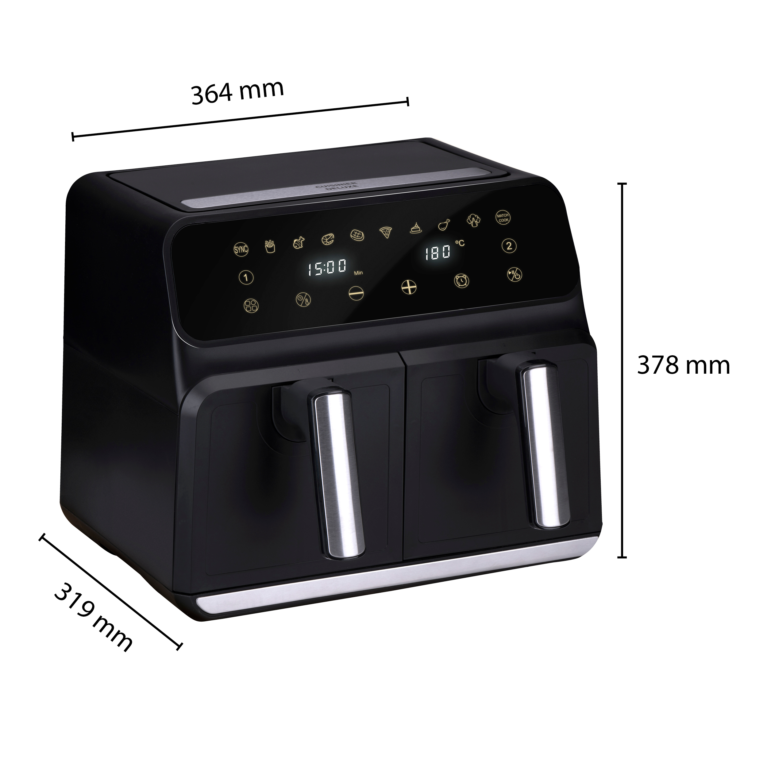 Zwarte airfryer met twee compartimenten. Afmetingen: 364x319x378mm.