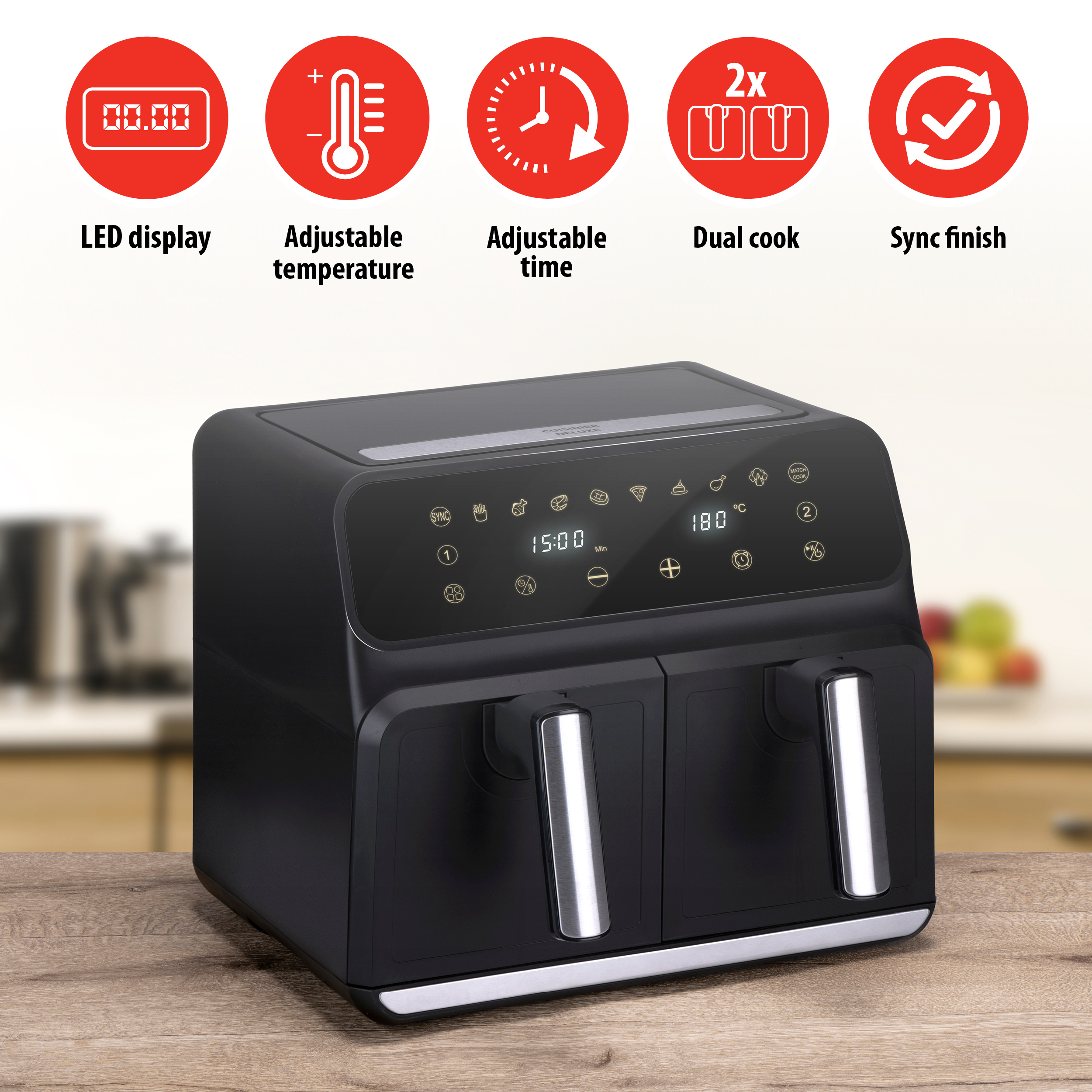 Zwarte airfryer op een houten tafel. Pictogrammen voor verschillende functies worden weergegeven.
