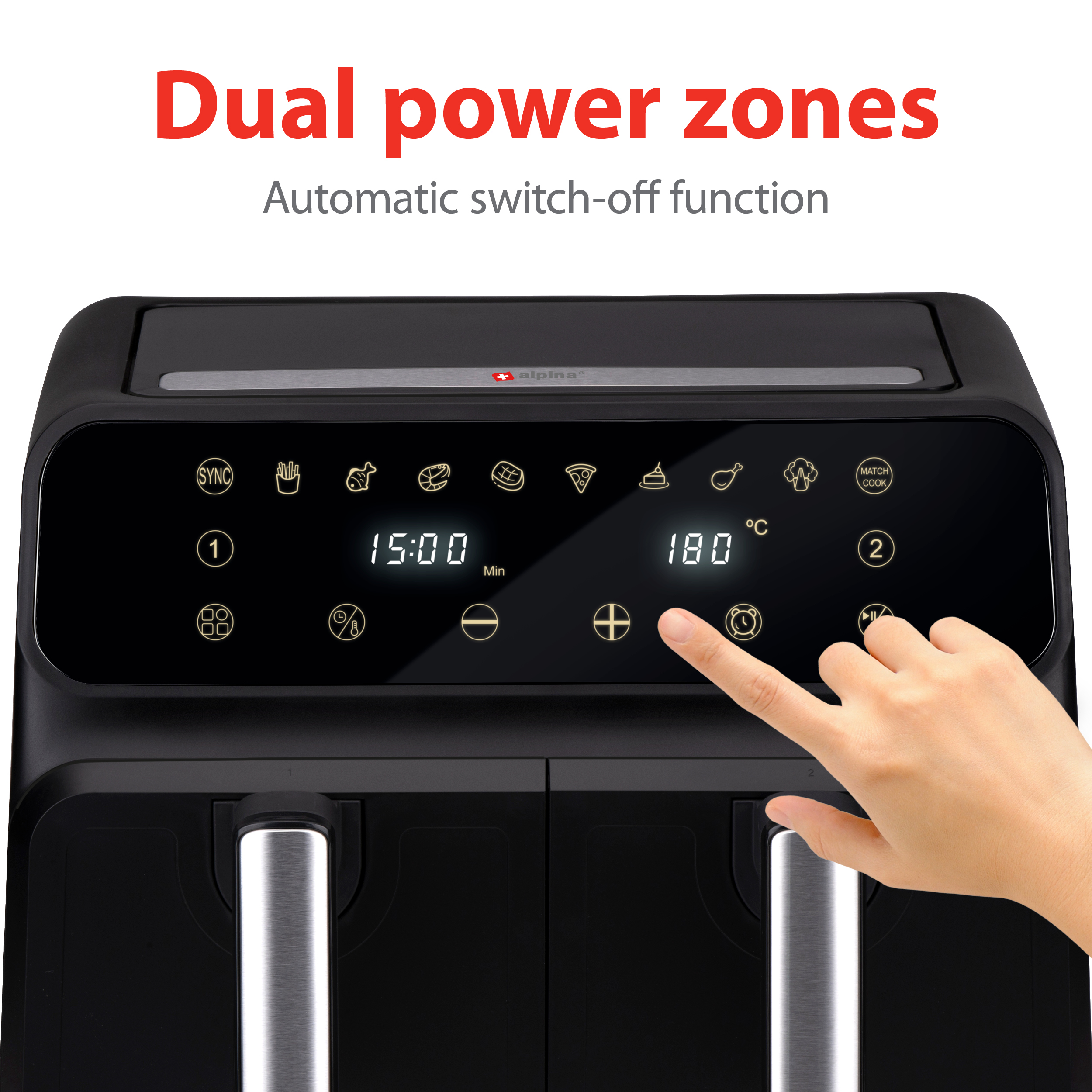 Zwarte airfryer met een digitaal display dat de kooktijd en temperatuur toont. Een hand raakt het display aan.
