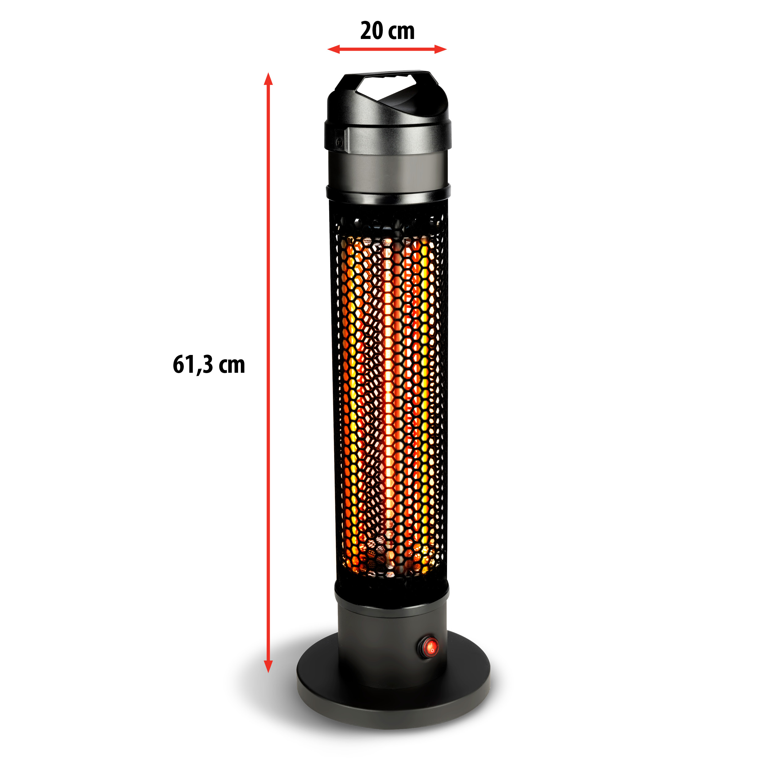 Hoher schwarzer Elektroheizer mit rotem Einschaltknopf. Maße beschriftet.