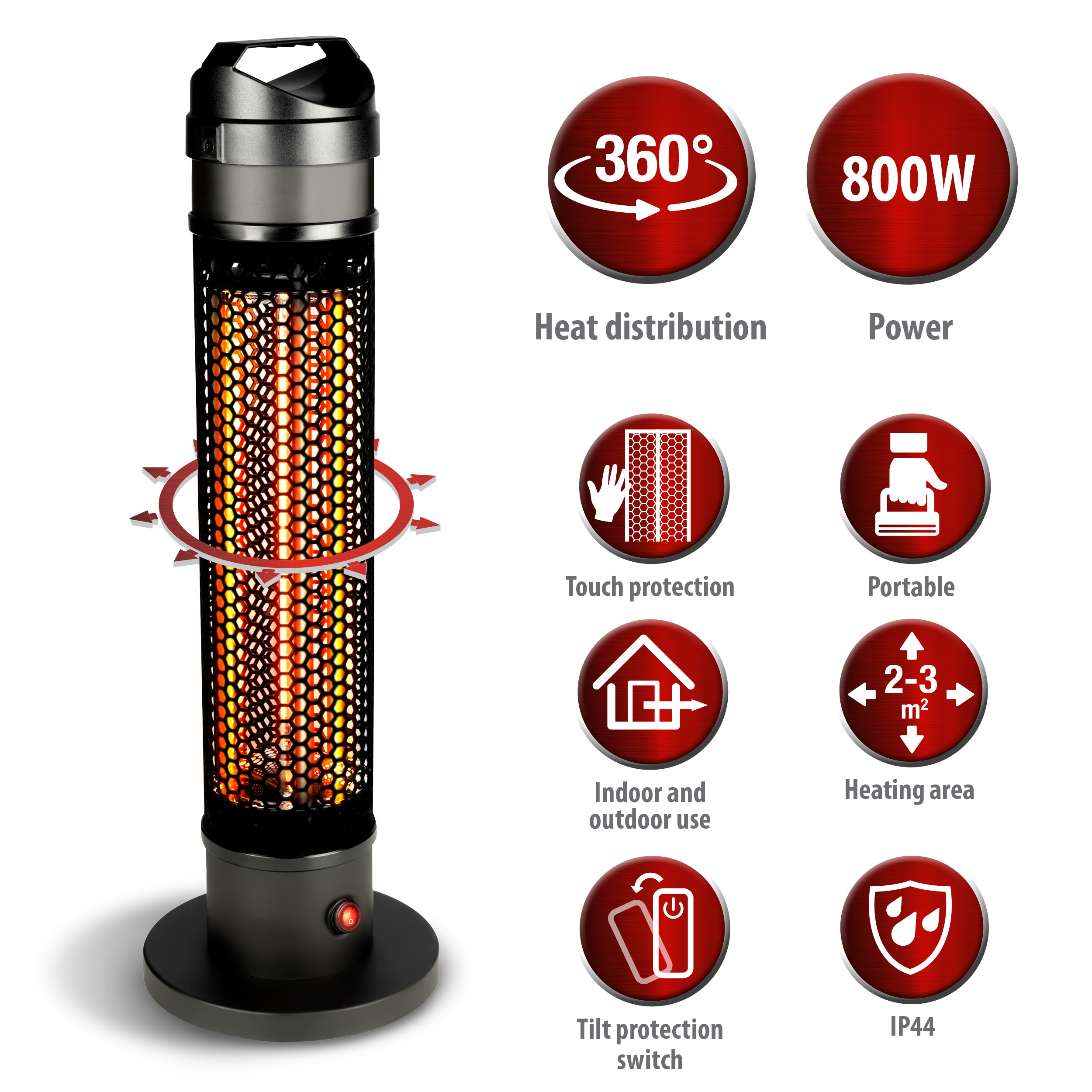 Schwarzer Elektroheizstrahler mit rotem Licht und verschiedenen Sicherheitsicons.