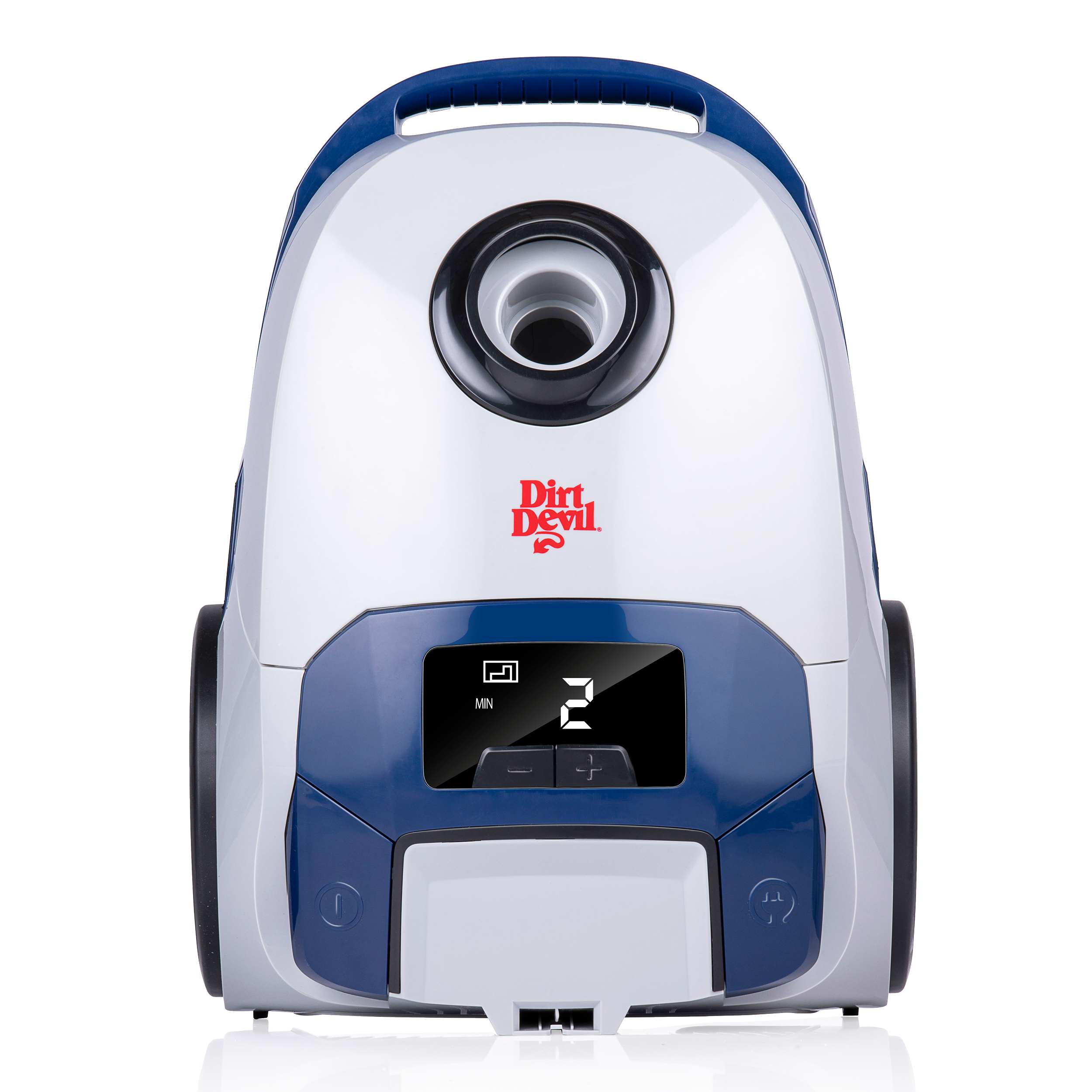 Blauwe en witte Dirt Devil stofzuiger. Digitaal display toont '2' en bedieningsknoppen.