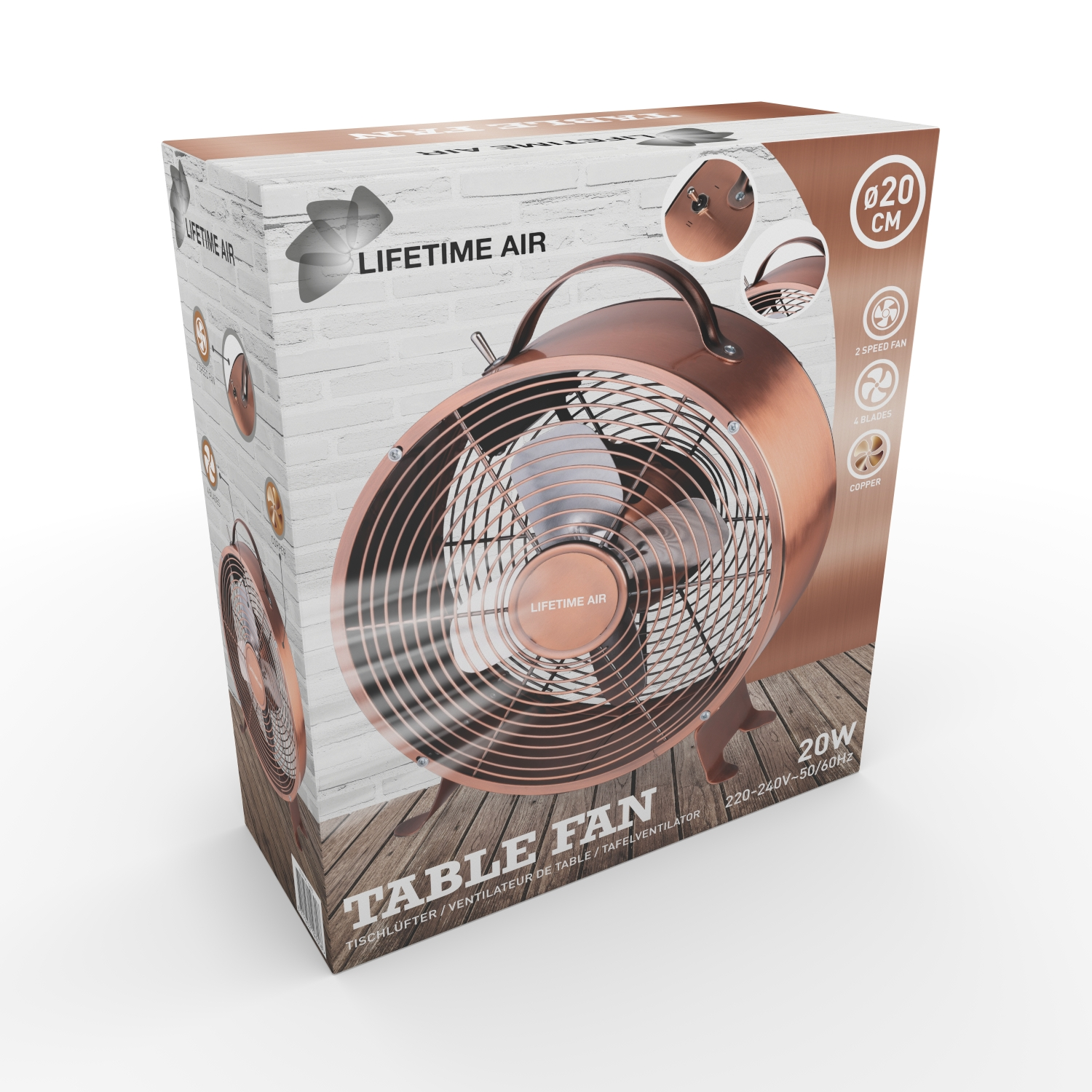 Eine kupferfarbene Tischventilator-Box mit Produktdetails.