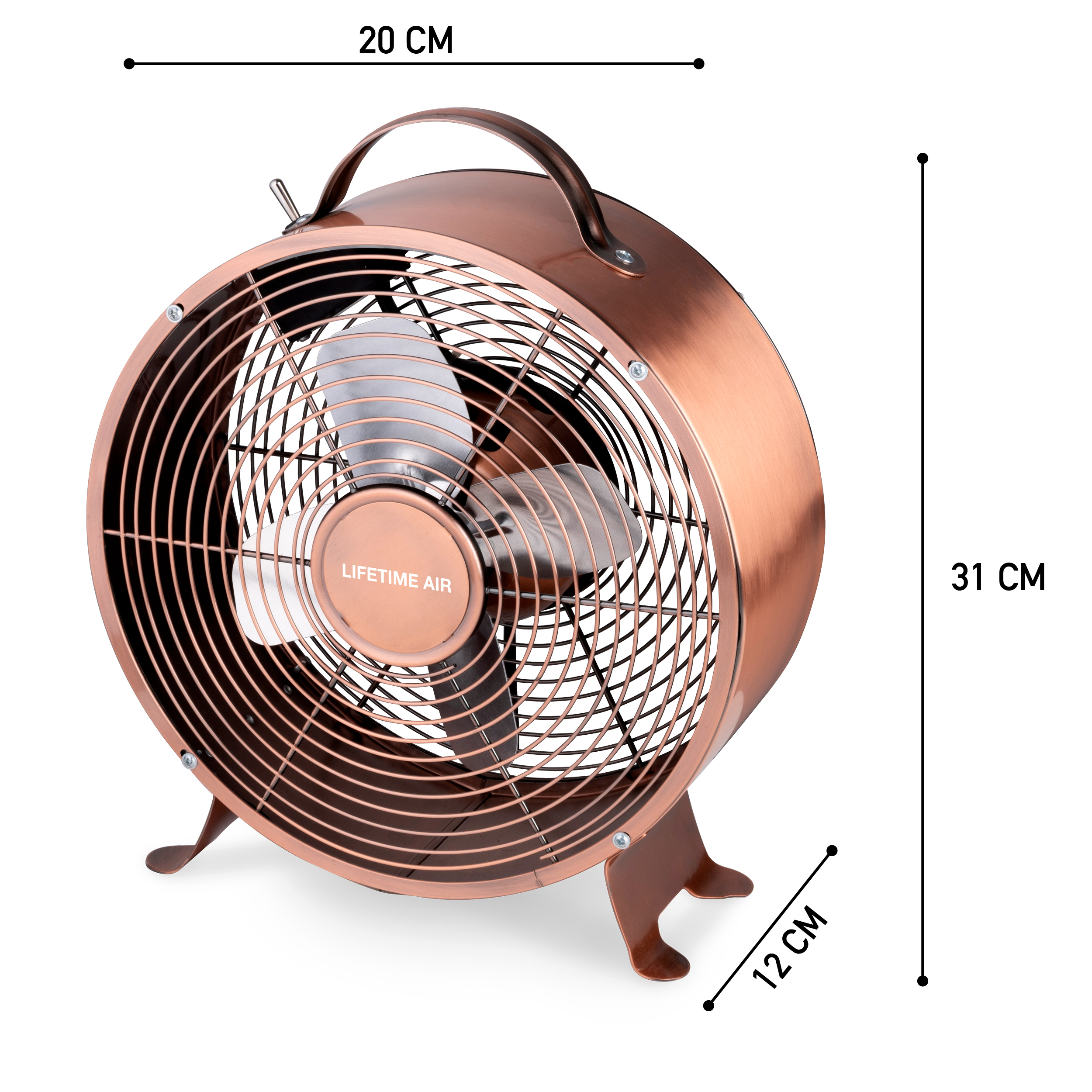 Kupferfarbener Ventilator mit Abmessungen und Griff. Der Ventilator befindet sich auf weißem Hintergrund.
