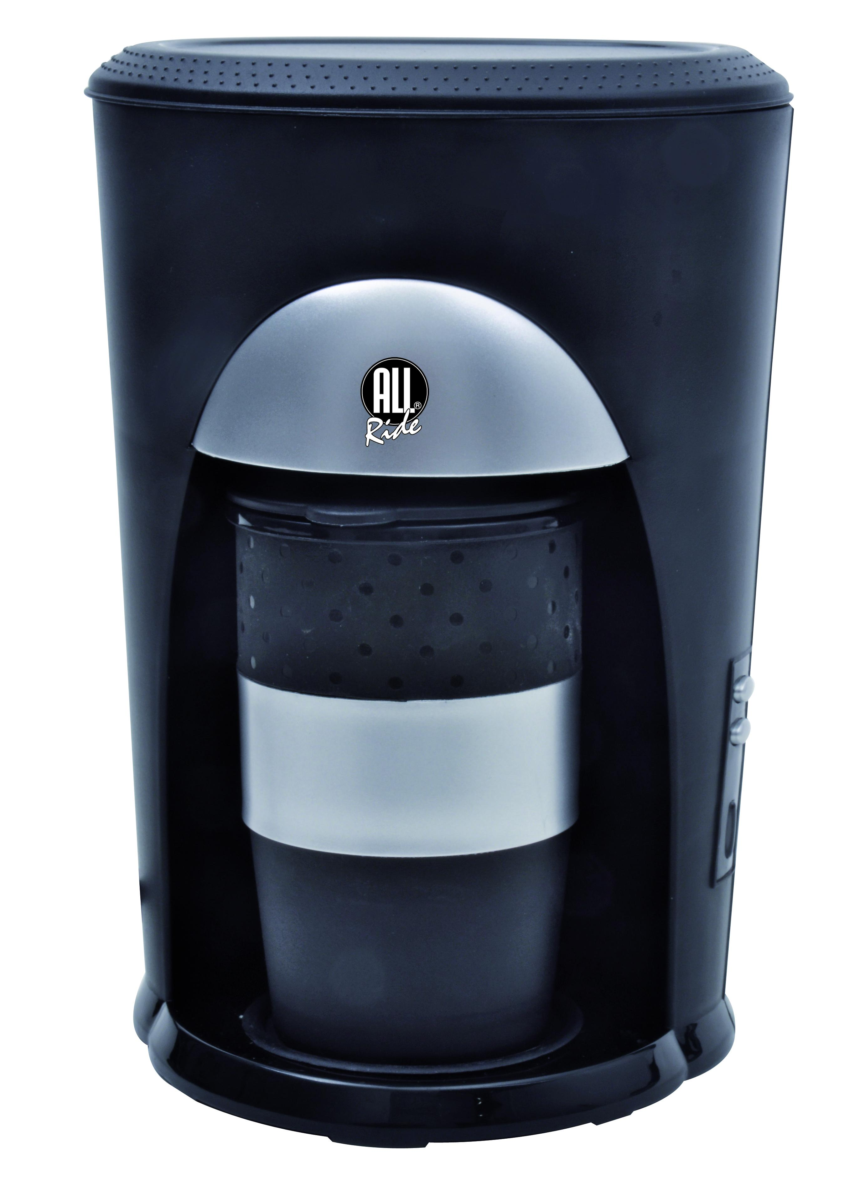 Black coffee maker with a silver accent, featuring a coffee cup inside.
