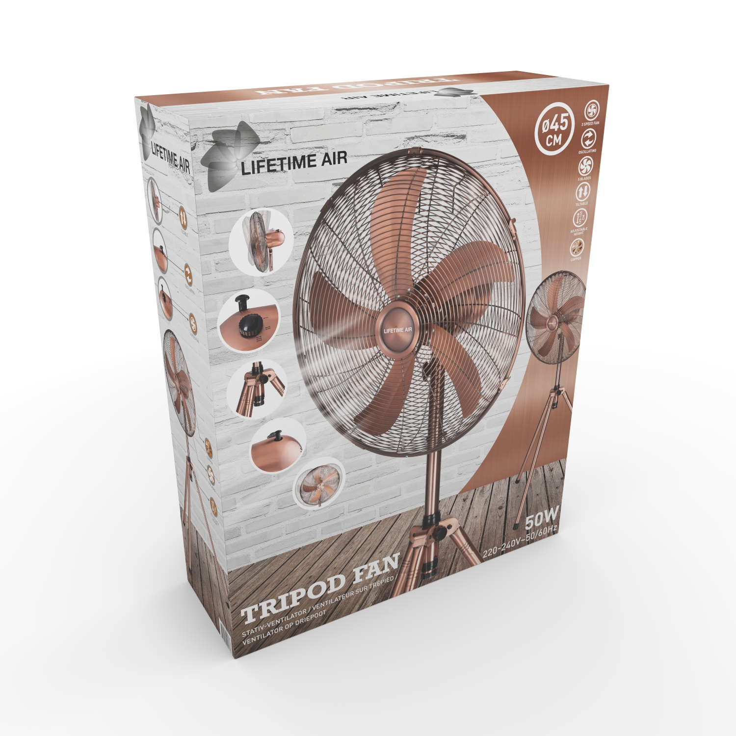 Ventilateur sur trépied en boîte, avec image du ventilateur sur le côté.
