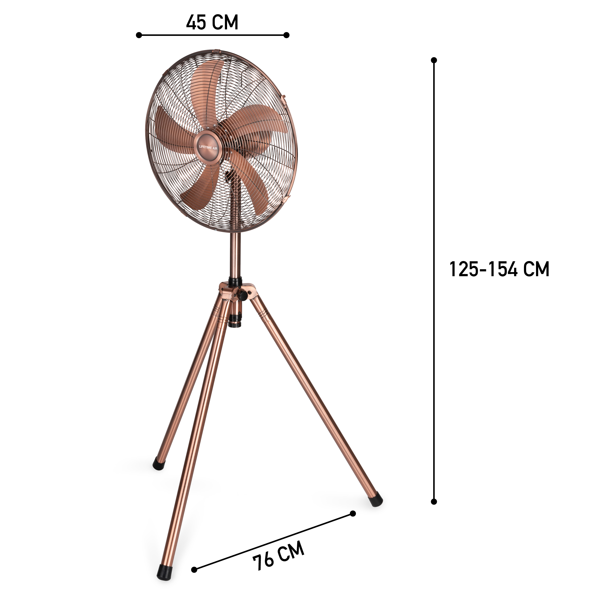Ventilateur sur trépied or rose avec dimensions étiquetées sur fond blanc.