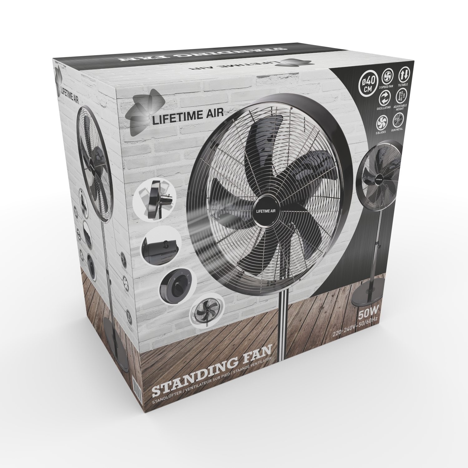 Standing fan in box. Fan shows on the box. The background is white.