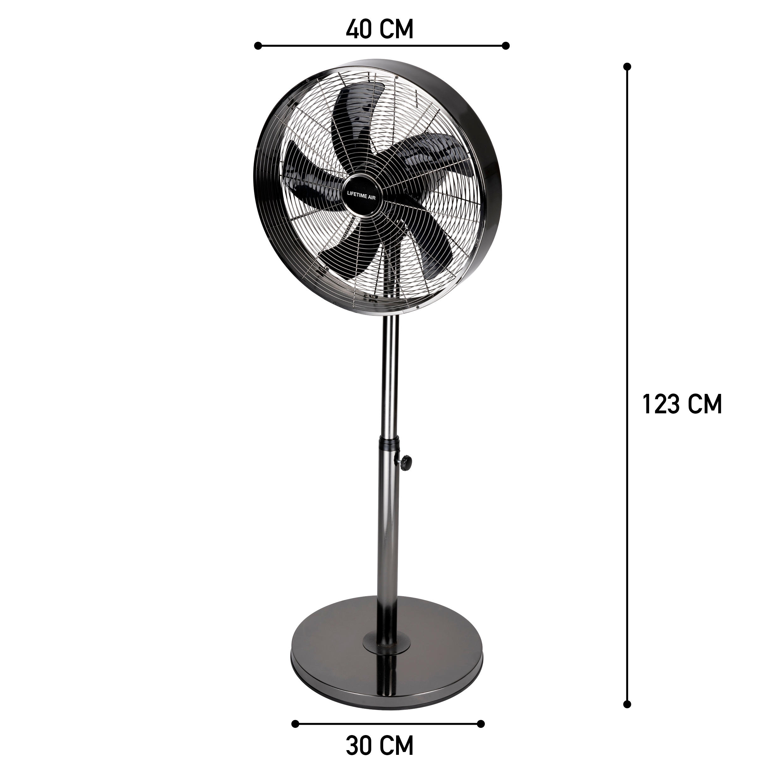 Silver standing fan with dimensions labeled in centimeters.