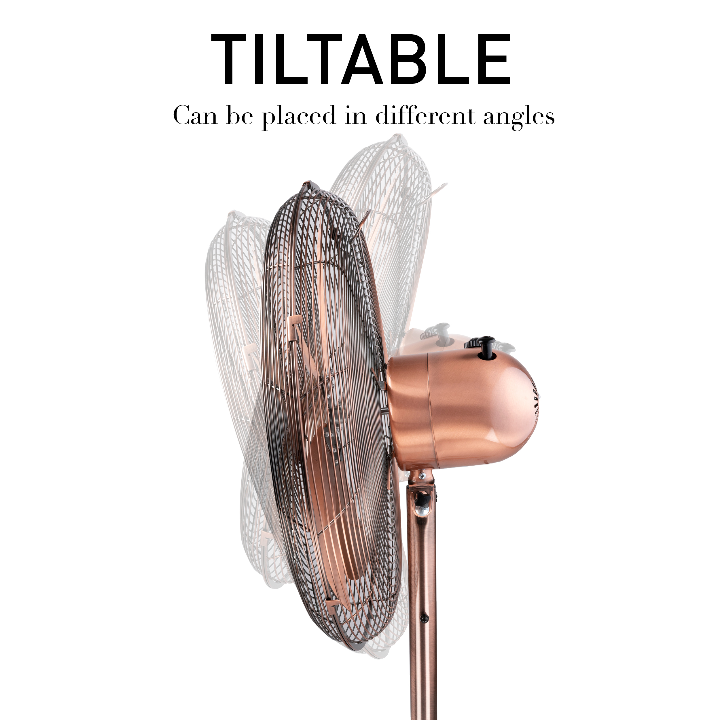Ventilateur inclinable cuivré, fond blanc, différents angles.
