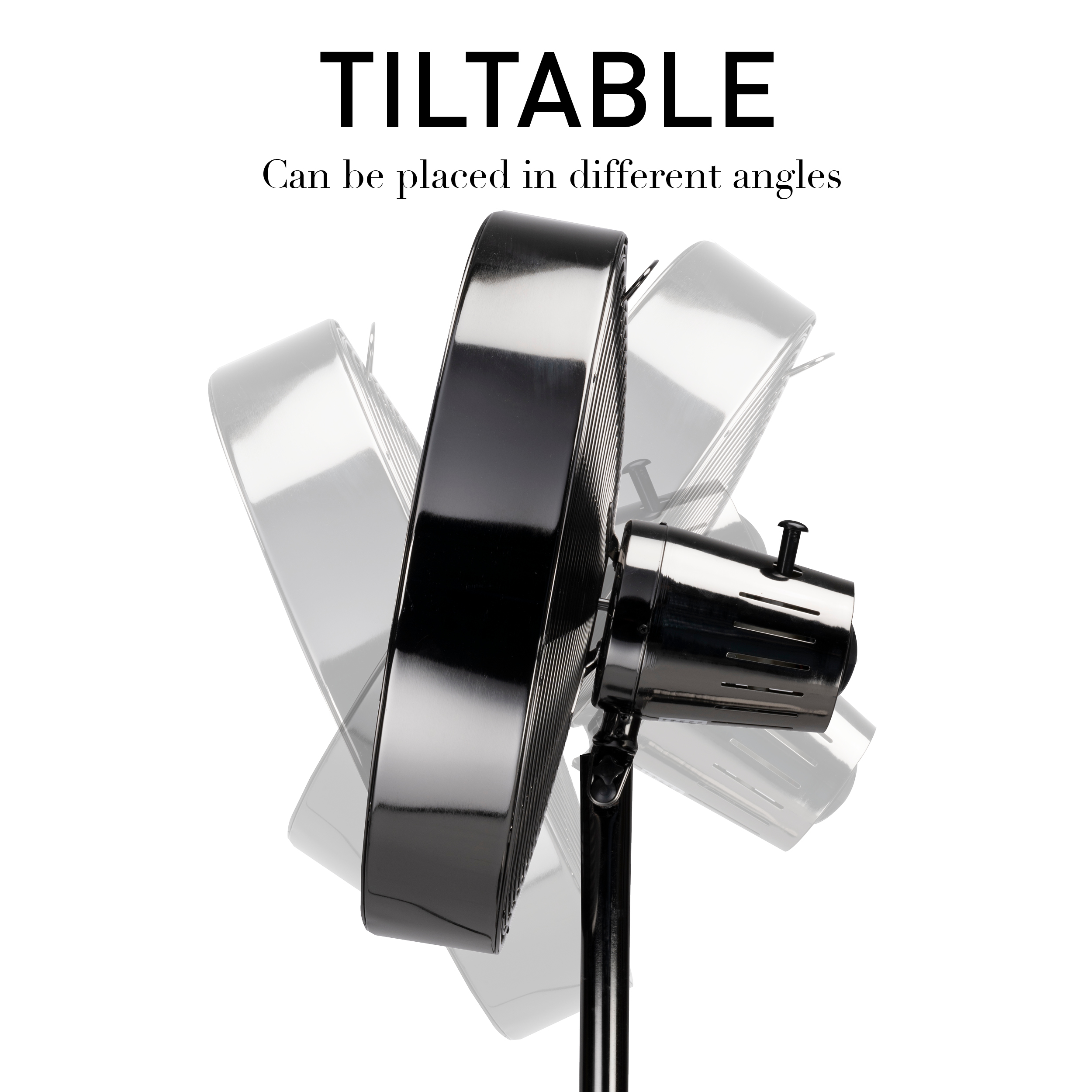 Black fan tilting at different angles, white background.